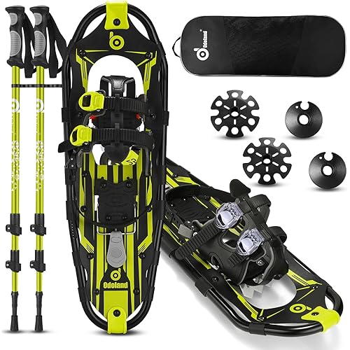 Odoland 3-in-1 Snowshoes Set for Men Women Youth Kids with Trekking Poles, Carrying Tote Bag, Light Weight Aluminum Alloy Terrain Snow Shoes,21”/25”/30”
