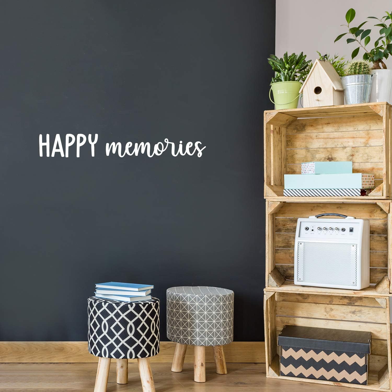 Vinyl Wall Art Decal - Happy Memories - 3.5 x 25 - Cute Modern Inspirational Charming Lovely Cursive Quote Sticker for Home Bedroom Living Room Playroom Office Business Coffee Shop Decor (White)
