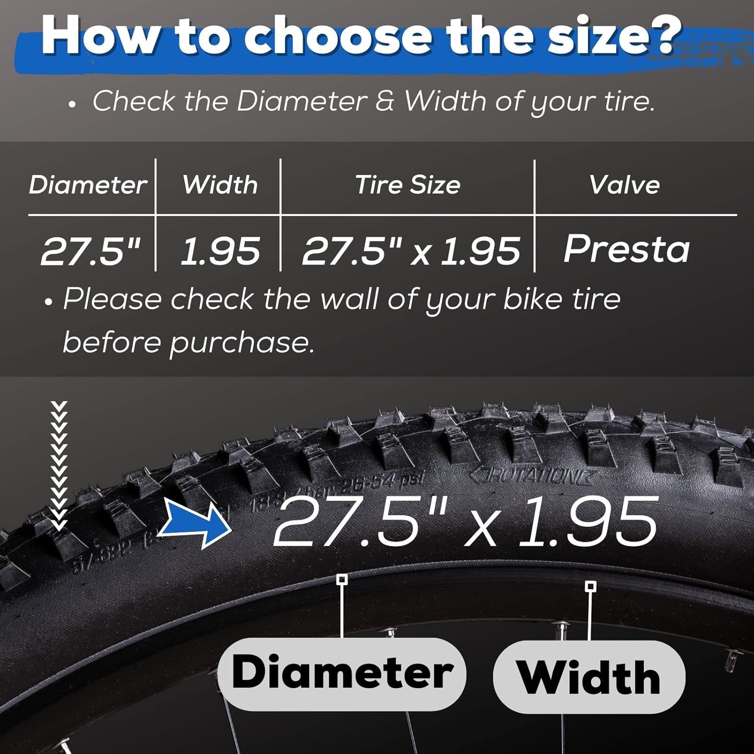 Bike Inner Tube 27.5 x 1.95-2.125 Presta Valve 48mm with Bicycle Tire Liners 38mm