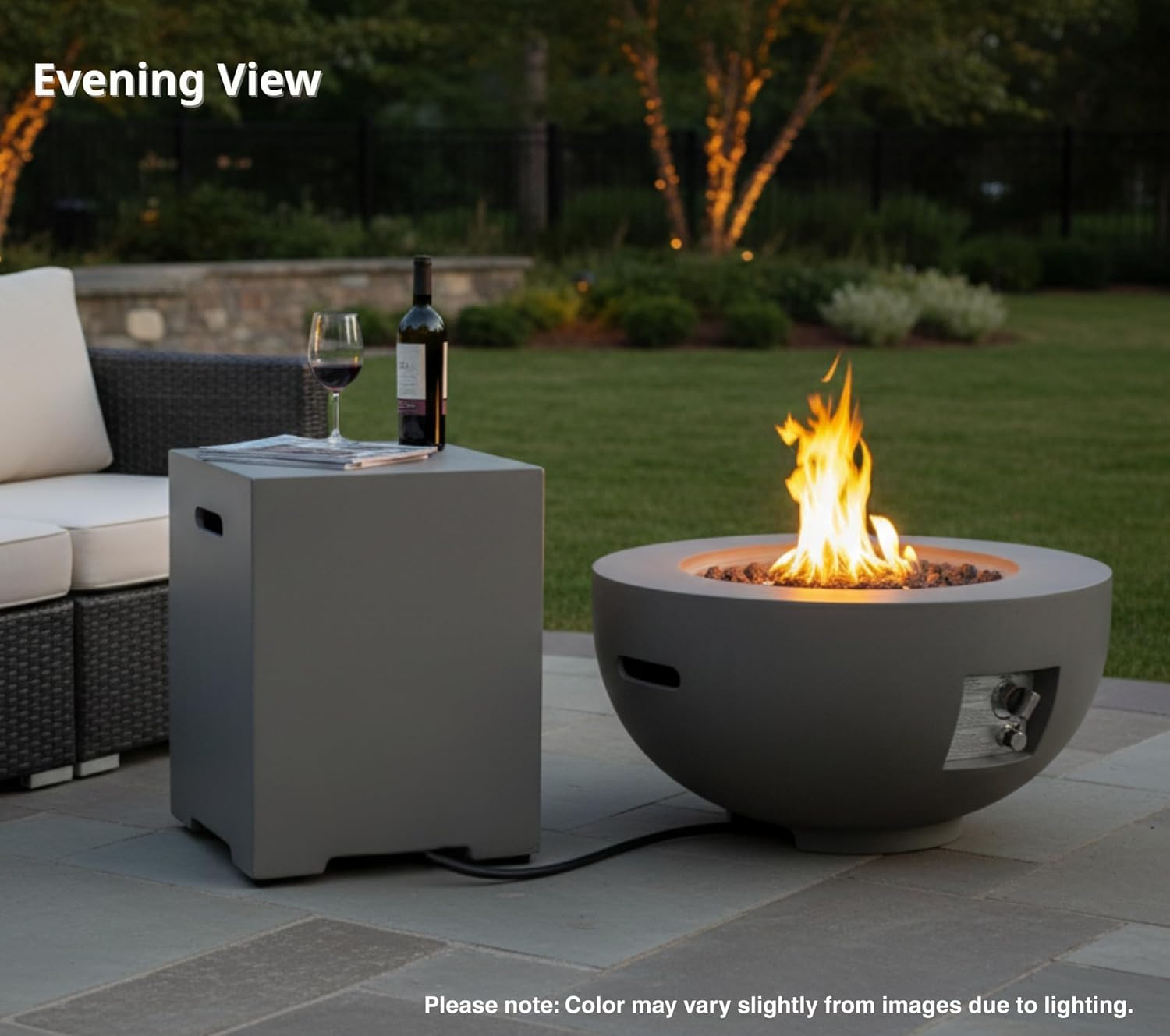 28" Propane Fire Pit Table, Outdoor Gas Firepit with Tank Cover Table & 10ft Hose, 40,000 BTU Lightweight Concrete Round Fire Bowl with Waterproof Cover, Lava Rocks & Burner Lid, Light Gray