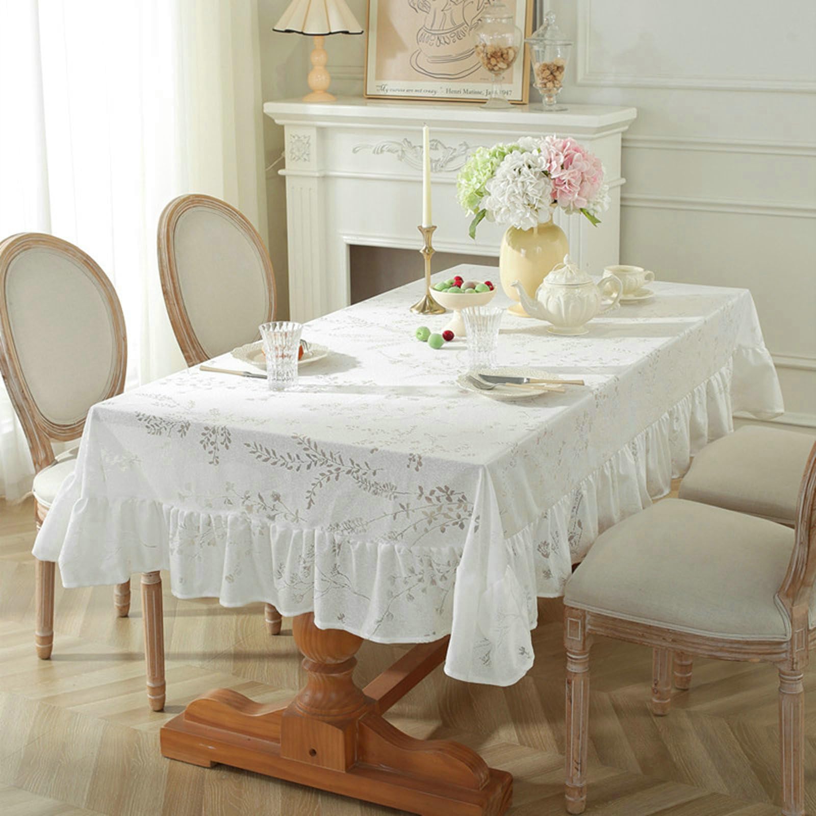 Gualiy Mantel de Mesa Rectangular Poliester, Mantel de Mesa 140 x 300 cm Manteles de Mesa Antimanchas Hojas Estampadas con Borde Ondulado Mantel para Mesa Comedor, Blanco