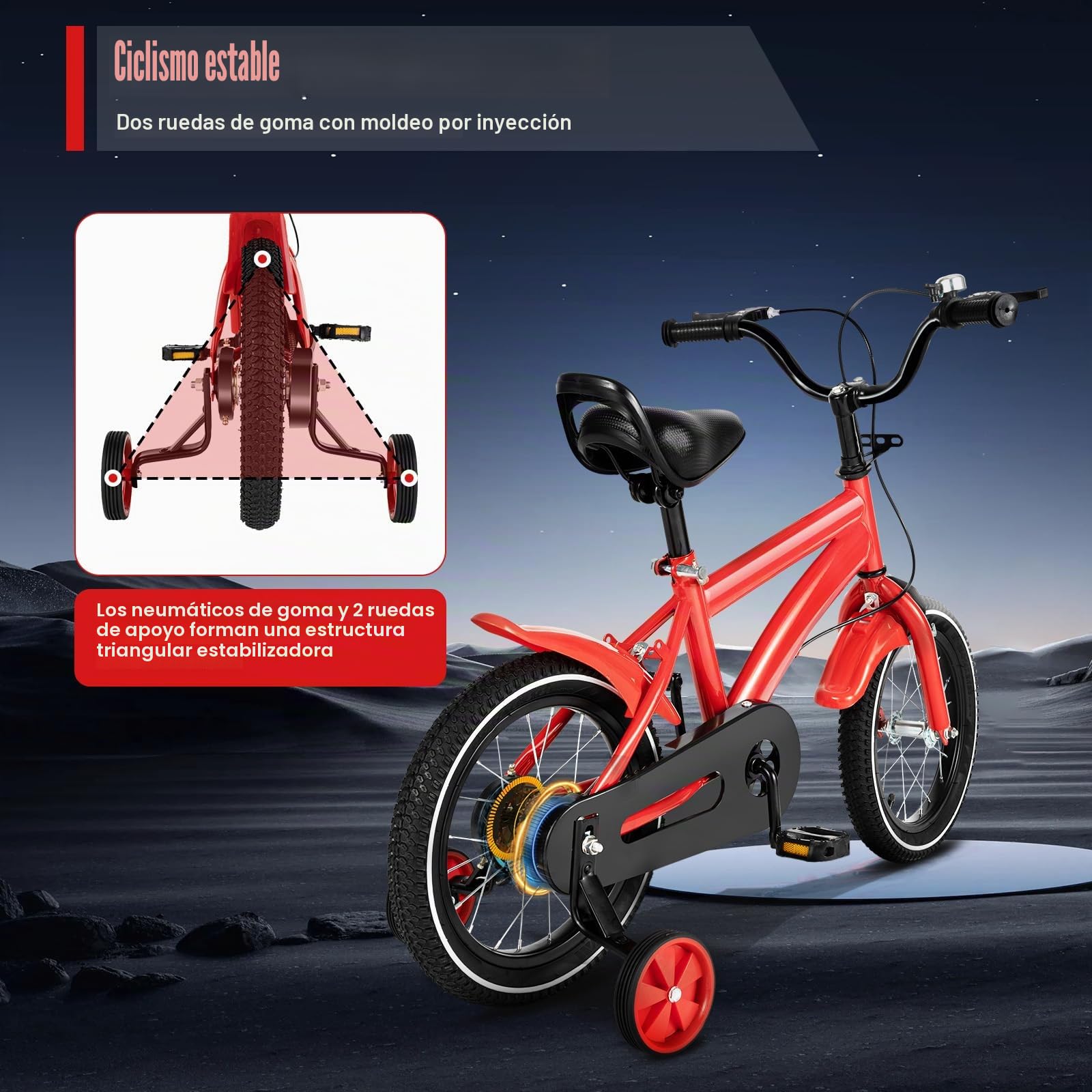 Bicicleta infantil de 16 pulgadas, altura ajustable, para niños y niñas a partir de 4 – 6 años, con ruedas estabilizadoras y sistema de frenado dual