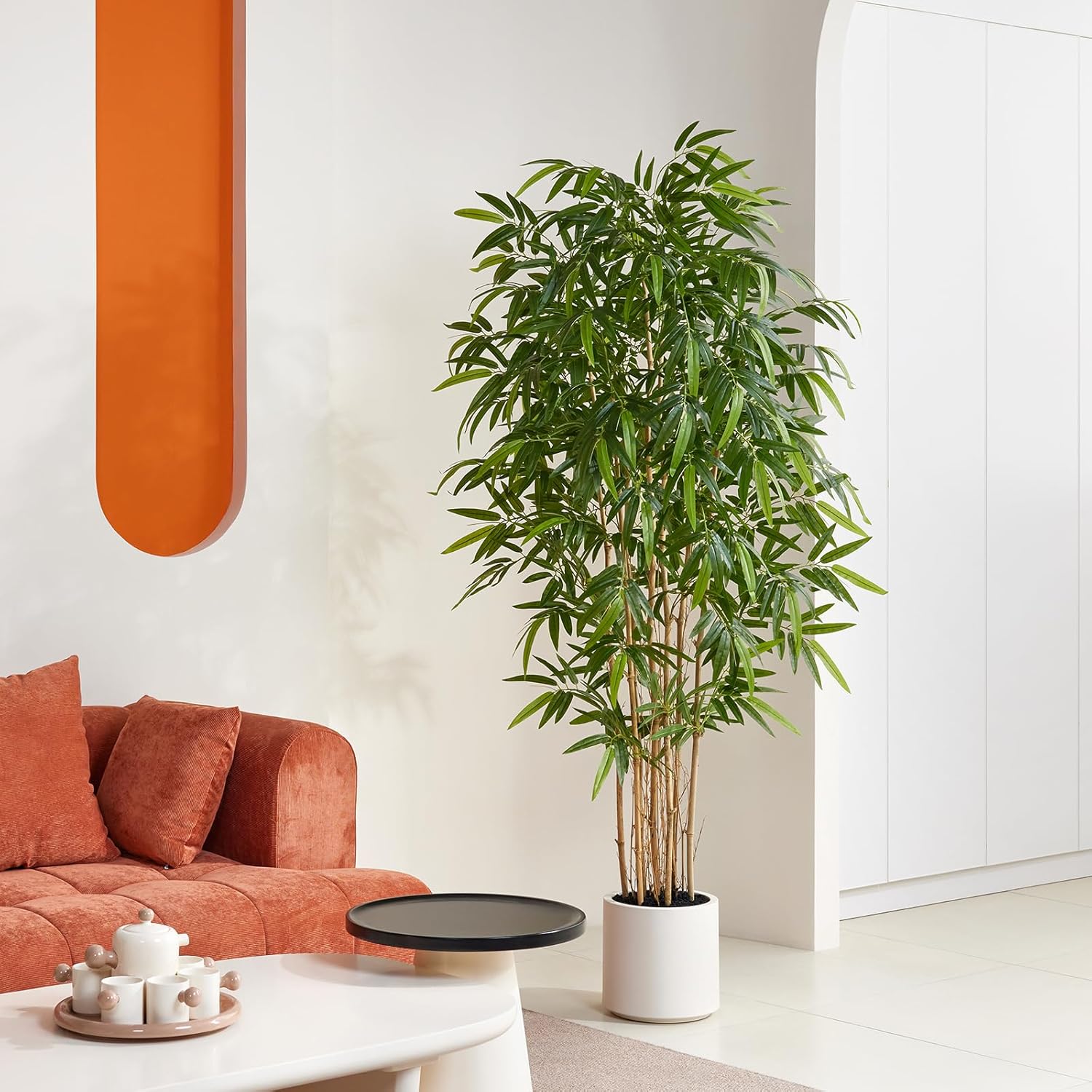 Fake Bamboo Plants - 6.5FT Tall Artificial Bamboo Tree with White Planter and Real Wood Poles - Lifelike Silk Faux Potted Plants for Indoor Home Office Decor