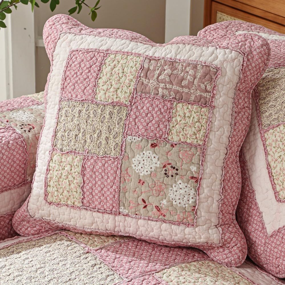QIFONIX Vintage Patchwork Decorative Throw Pillow Cover, Floral Quilted Design with Pink Gingham Pattern, Scalloped Edge (Pink and Light Yellow, 18" x 18" (Pack of 2))