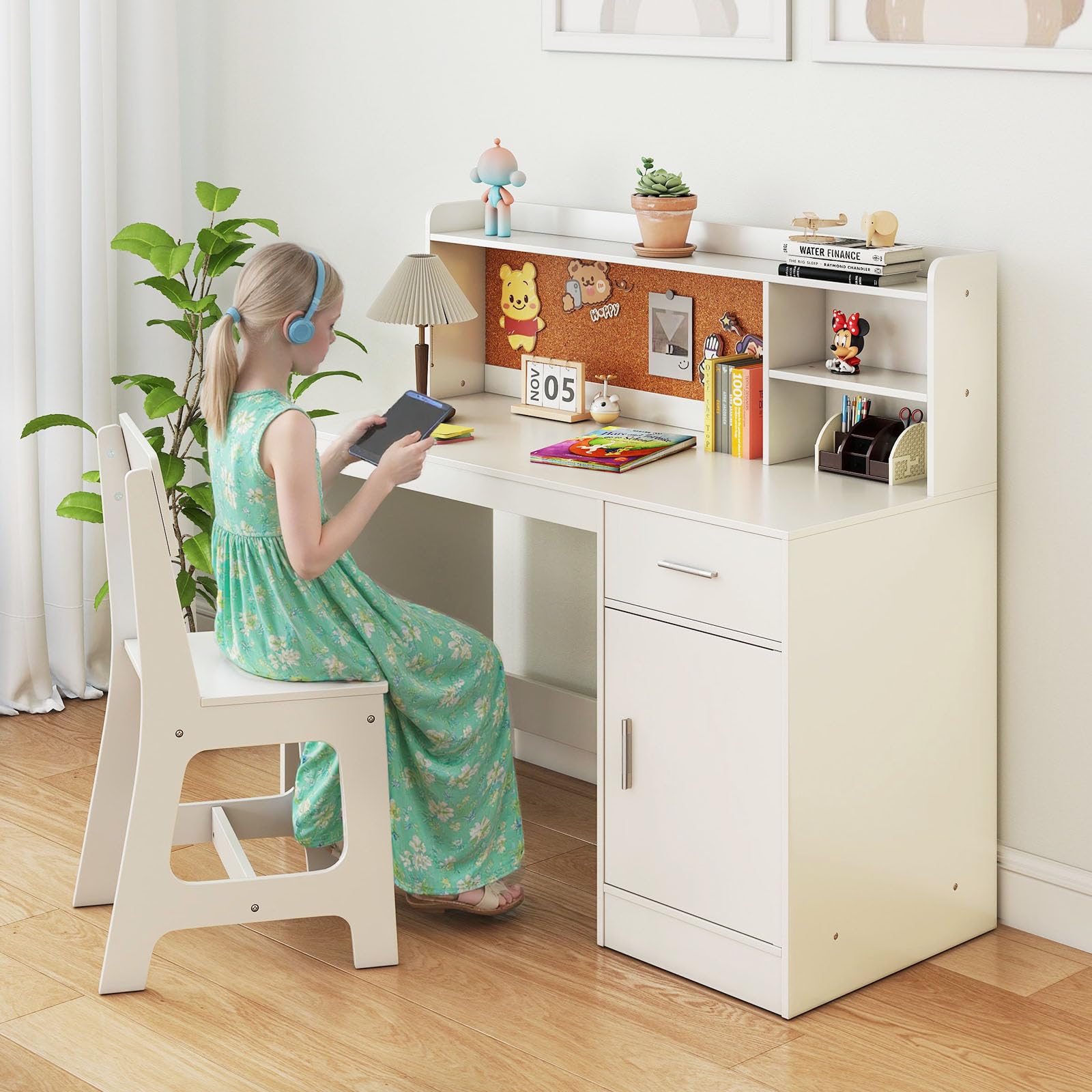 GOPLUS Schreibtisch Kinder mit Stuhl, Kinderschreibtisch Holz mit Regal, Schublade, Schrank & Pinnwand, Jugendschreibtisch zum Essen, Lernen, Zeichnen, für Mädchen & Junge ab 3-8 Jahren (Weiß)