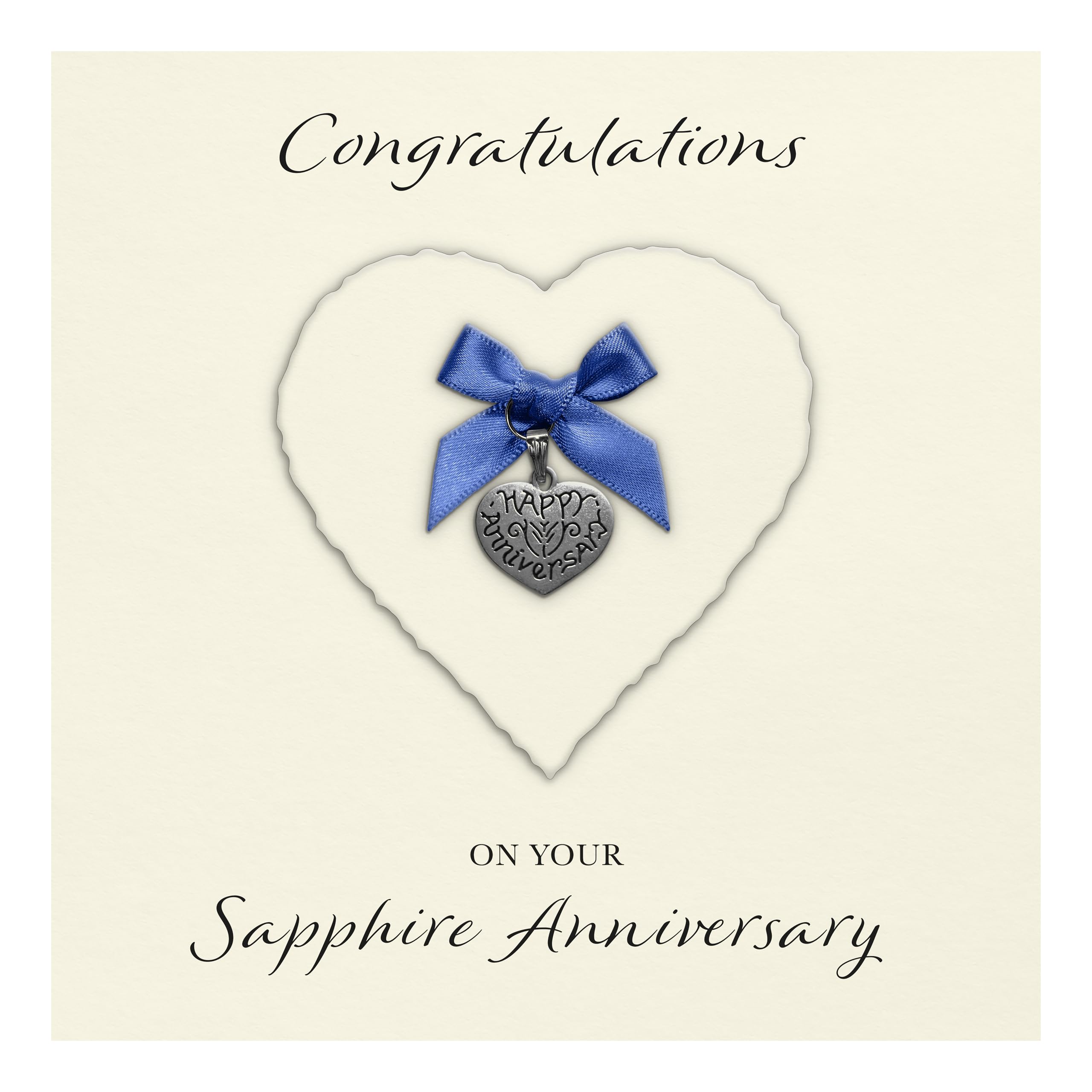 Sapphire 45th Anniversary Card "Heart Charm & Bow" - Handmade UK (Ivory Heart/Sapphire Bow, Ivory Cardstock)