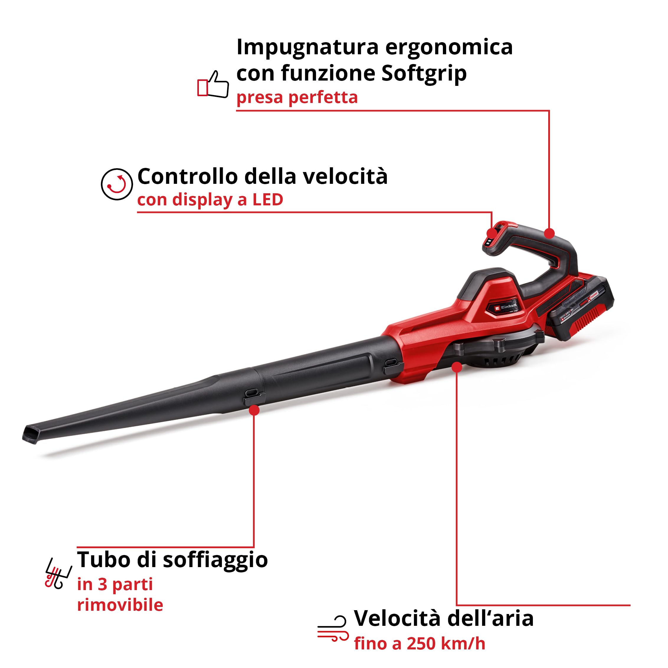 Soffiatore universale a batteria Einhell GE-UB 18/250 Li E (1x4.0 Ah) Power X-Change: 18 V, velocità aria 250 km/h, tubo a 3 pezzi e controllo della velocità con display LED. Senza batteria.