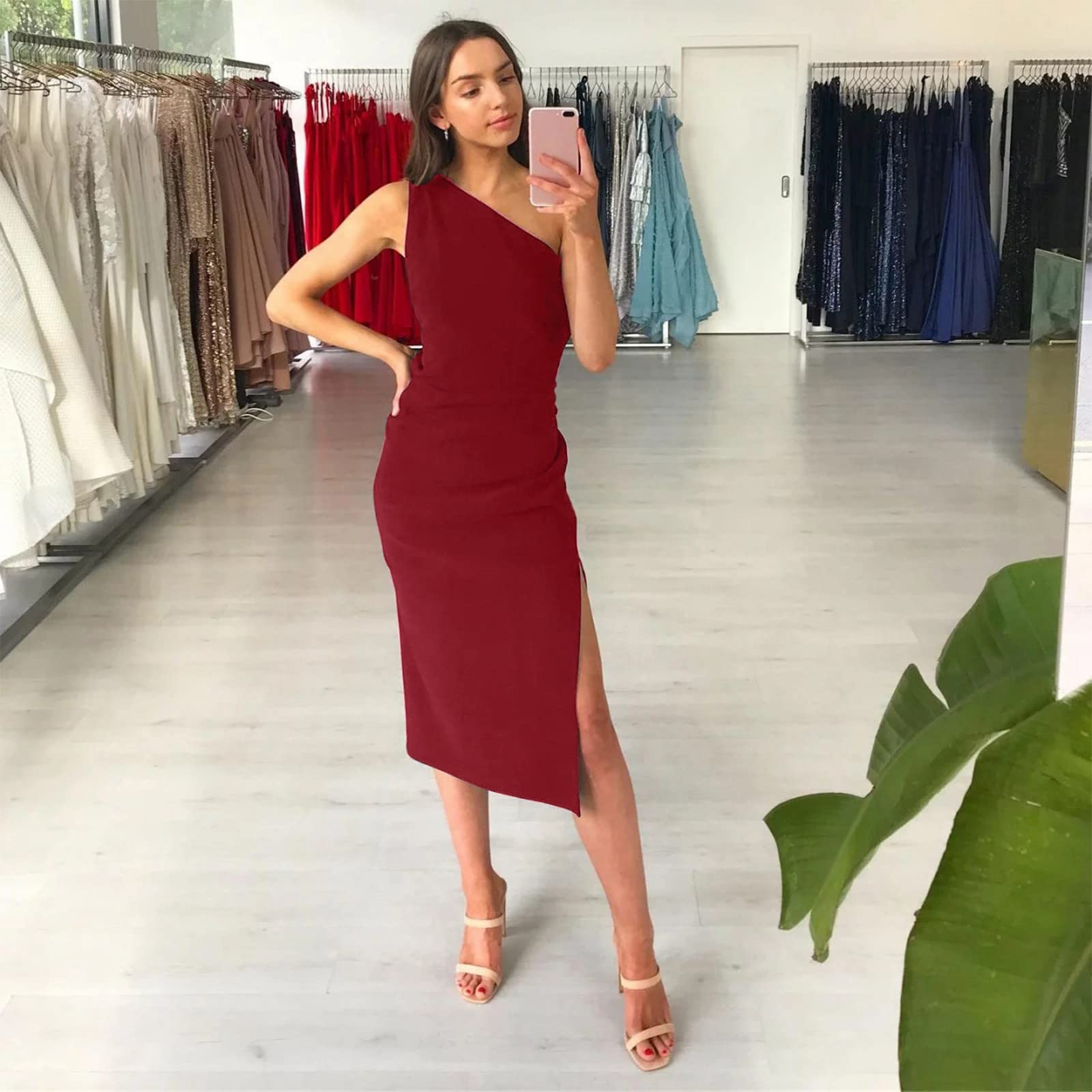 Gonna Abito da Donna Sexy in Tinta Unita con Spacco a Una Spalla Vestito Elegante Corto