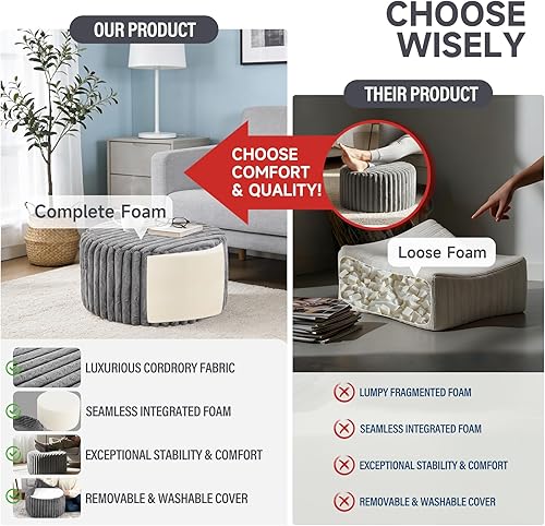 Miniatura 5 de Tiita Puf Otomán Redondo Relleno, Pufs de Piel Sintética a Rayas con Relleno de Trozos de Espuma, Puf Peludo y Esponjoso de 21 x 21 x 12 pulgadas,