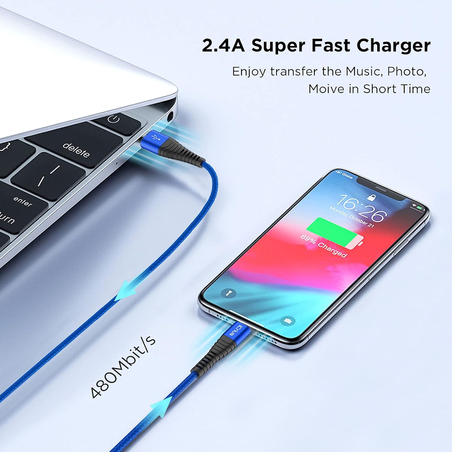 iCrius iPhone Charger, 3Pack 10FT MFi Certified Lightning Cable Nylon Braided High Speed USB Charging Cord Compatible with iPhone 12/Max/11Pro/11/XS/Max/XR/X/8/8P/7 and More (10FT, Blue)