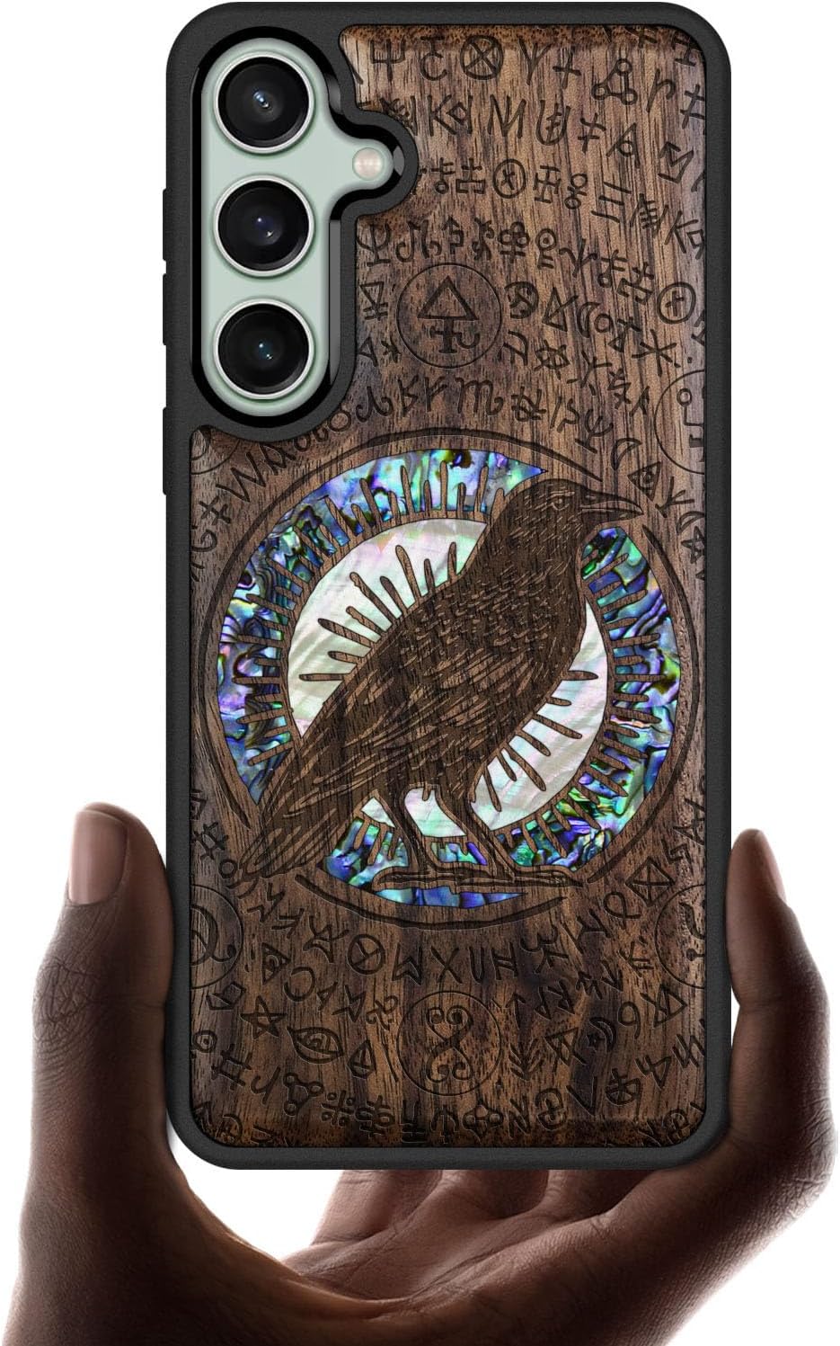 Carveit Designer Wooden Case for Samsung Galaxy S23 FE Cover [Wood Engraving & Shell Inlay] Compatible with Wireless Chargers S23 FE Case (Haloed Crow-Walnut)