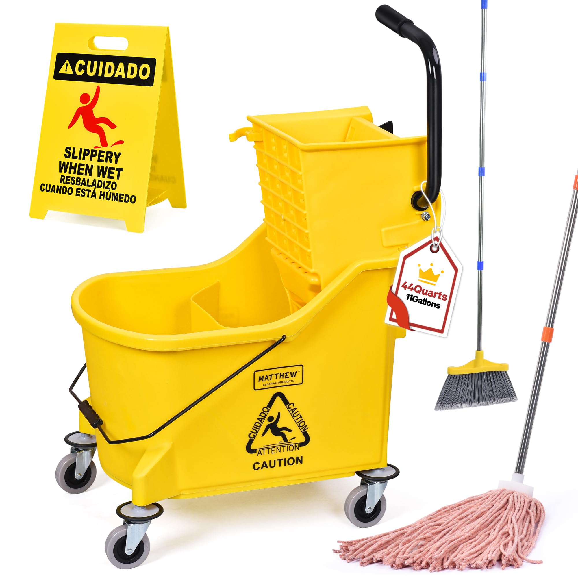 Matthew Cleaning 44Quart Commercial Mop Bucket INCL.Wet String Mop&amp; 19'' Industrial Wet Floor Sign with Side Press Wringer On Wheels,Tandem Portable Floor Cleaning Wavebrake,Ideal for Household