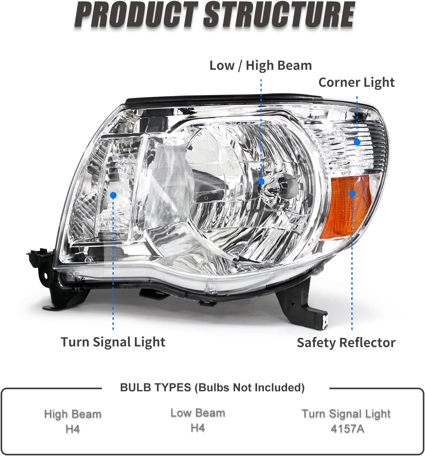 Headlights assembly Compatible with 2005 2006 2007 2008 2009 2010 2011 Toyota Tacoma Pickup Truck Headlights Chrome Housing Amber Reflector Driver and Passenger Side（W/O Bulbs）