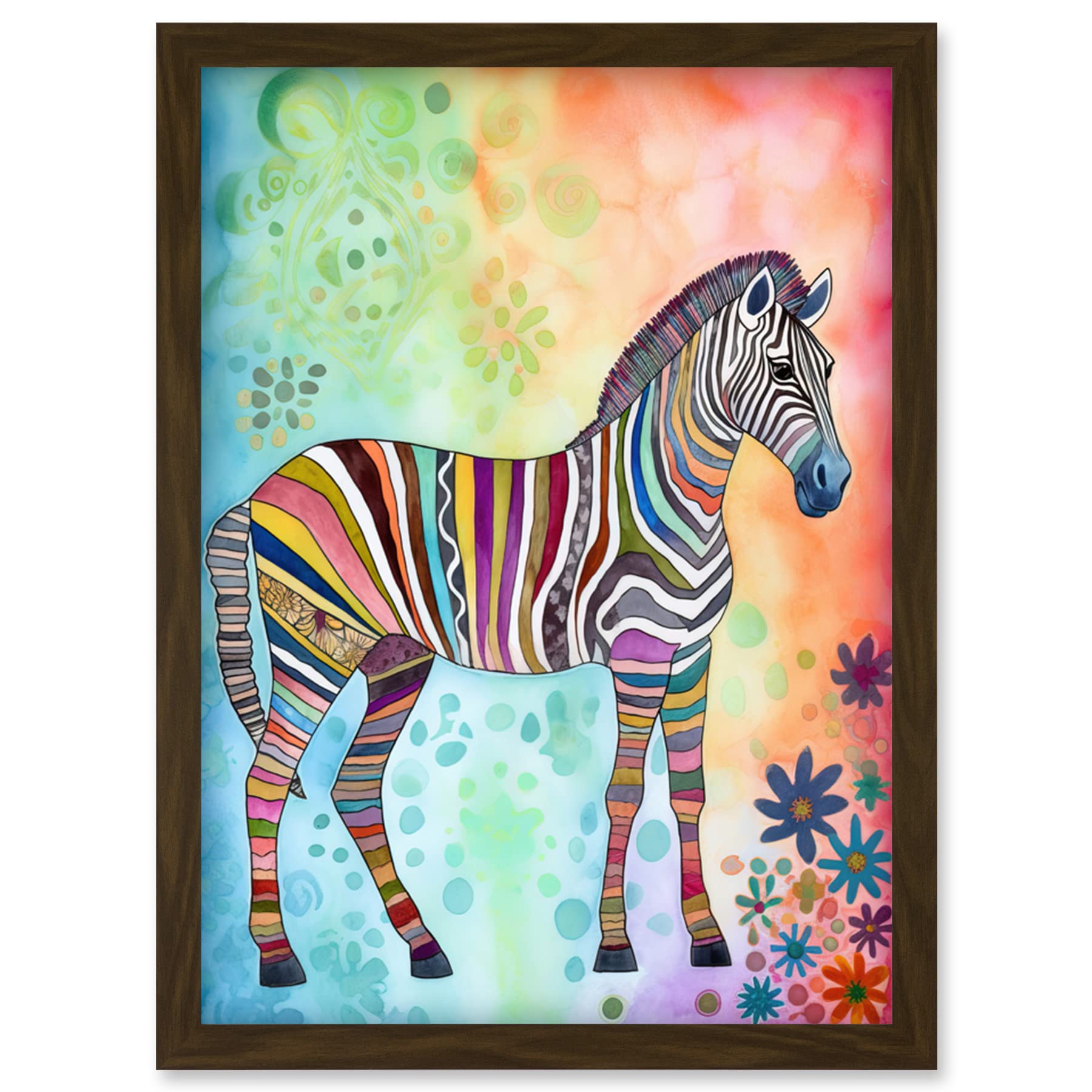 Artery8 Rainbow Floral Zebra Folk Art Artwork Framed Wall Art Print A4