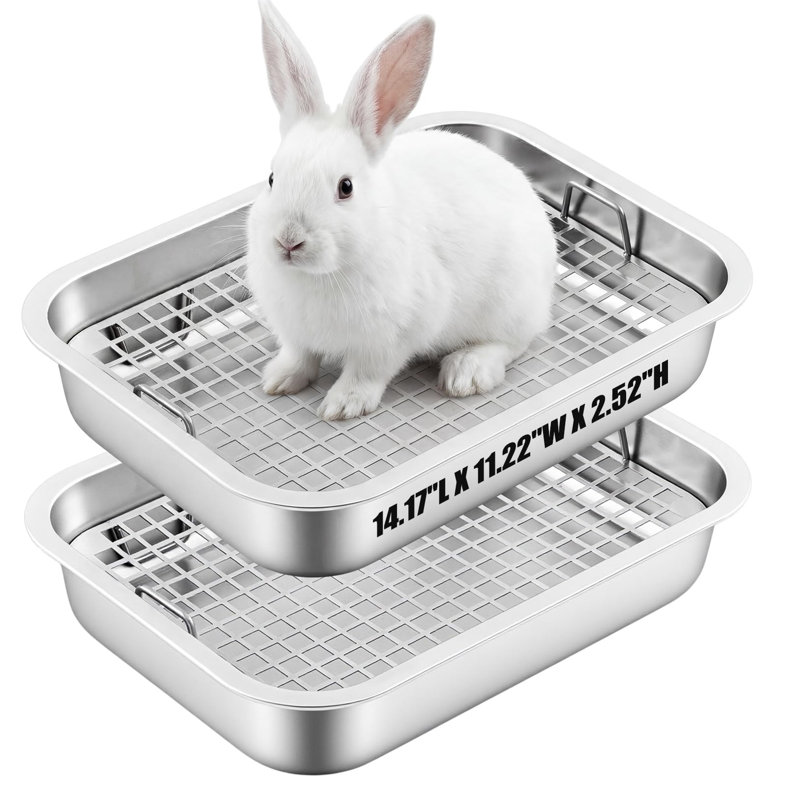 Maxcheck 2 Pcs Rabbit Litter Box, Stainless Steel Rabbit Litter Pan with 2 Grids, High Side Bunny Toilet Tray Potty Training Pan for Rats Ferret Bunny Guinea Pig(S 14.2''L x 11.2''W x 2.5''H)