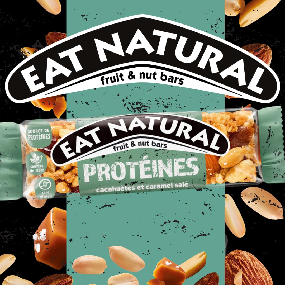 EAT NATURAL - Barres sans gluten & protéinées - Cacahuètes, amandes, caramel & sel de mer - 12 barres de 40g