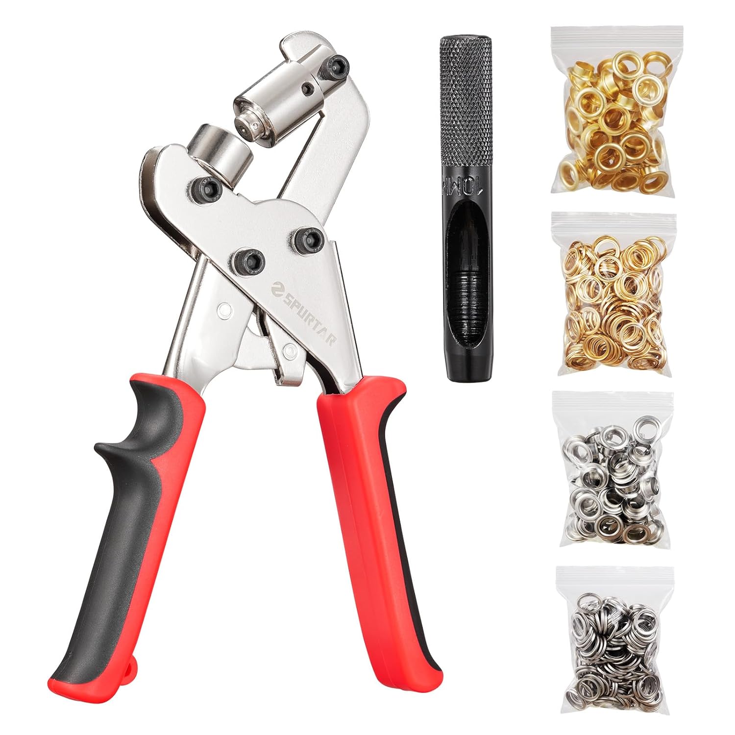 Spurtar Grommet Tool Kit 3/8'' Upgraded Lavor-Saving Design Handheld Grommet Kit Magnetic Eyelet Tool with 10mm Hollow Punch and 500pcs Eyelets for Leather Fabric Belt Tarp Tent Bag Curtain Cardboard