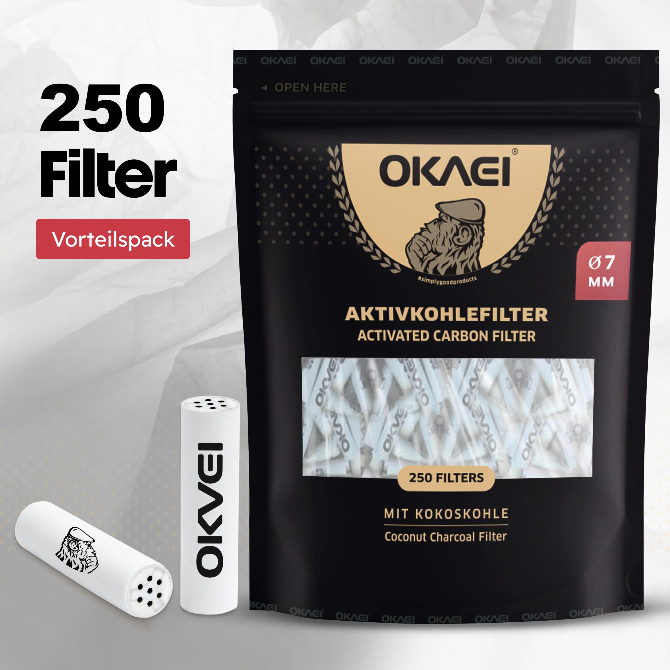 OKAEI Filtros de carbón activo de 7 mm – 250 unidades – Filtros finos con carbón activo de cáscara de coco – con tapas de cerámica – 26 mm de longitud