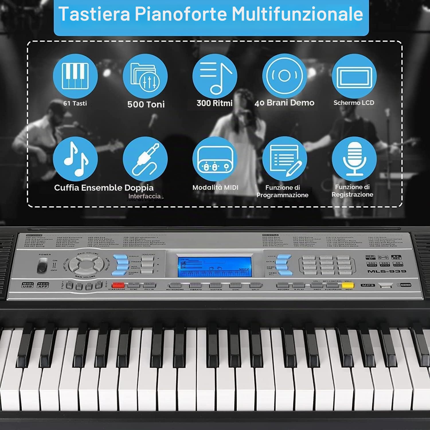 MAMIZO Pianoforte Digitale, tastiera con funzione di registrazione e programmazione E piano, Pianoforte Digitale 61PCS Tasti per Principianti e Professionisti, Tastiera Elettronica con altoparlanti