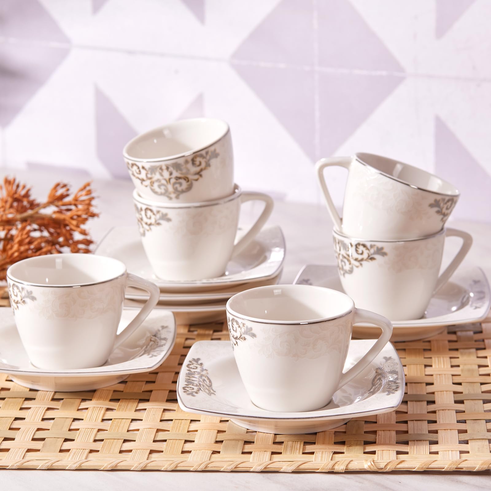 KARACA Nazende Porzellan Espressotassen Set - 80 ml Türkische Kaffeetassen mit Untertassen 12-teilig Kaffeeservice Modern mit 6 x Kaffeetasse & 6 x Untertasse, Mokkatassen - Weiß