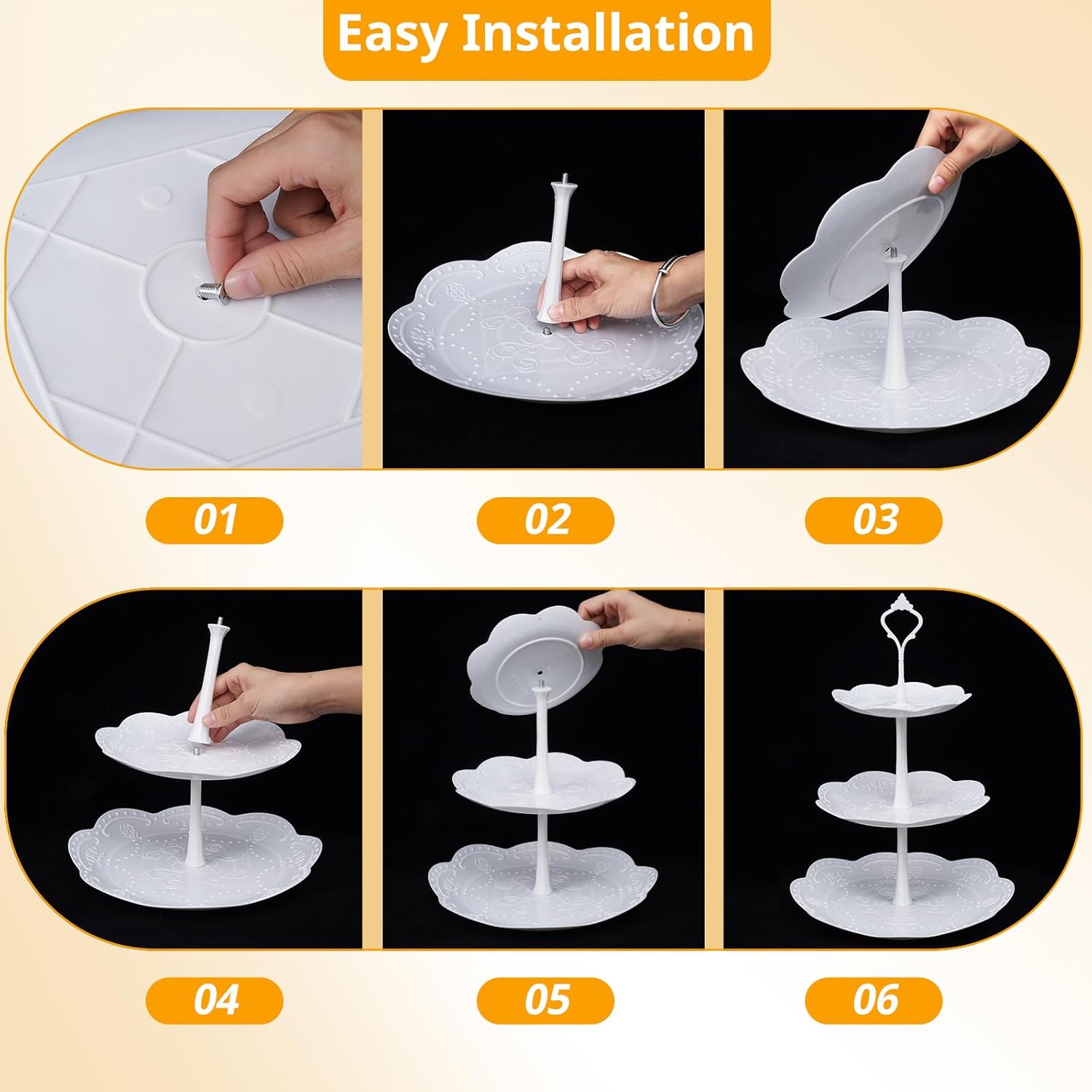 10 Pcs dessert table display set,3pcs 3 Tier cupcake stand,3pcs plastic wedding cake stands for party，4pcs cookie dessert trays，cake stands for tea party baby shower，White three tiered serving stand