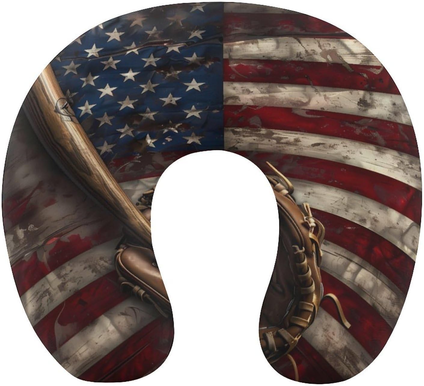 USA Flag Baseball Bat and Ball Print Travel Pillow U Shape Neck Pillow Washable Pillowcase for Sleeping Chair