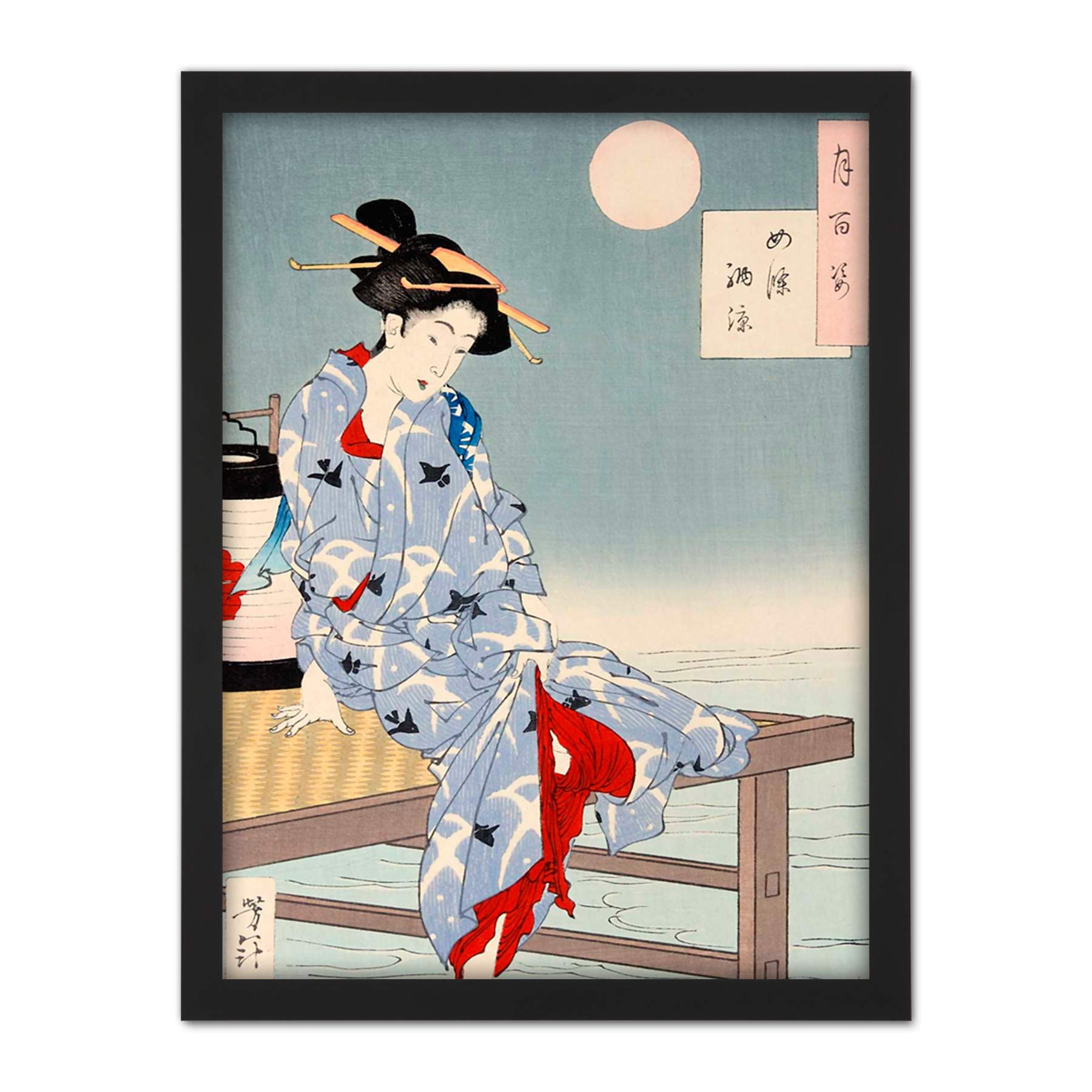 Wee Blue Coo Chikanobu Japanese Geisha Pier Moon Artwork Framed Wall Art Print 18X24 Inch