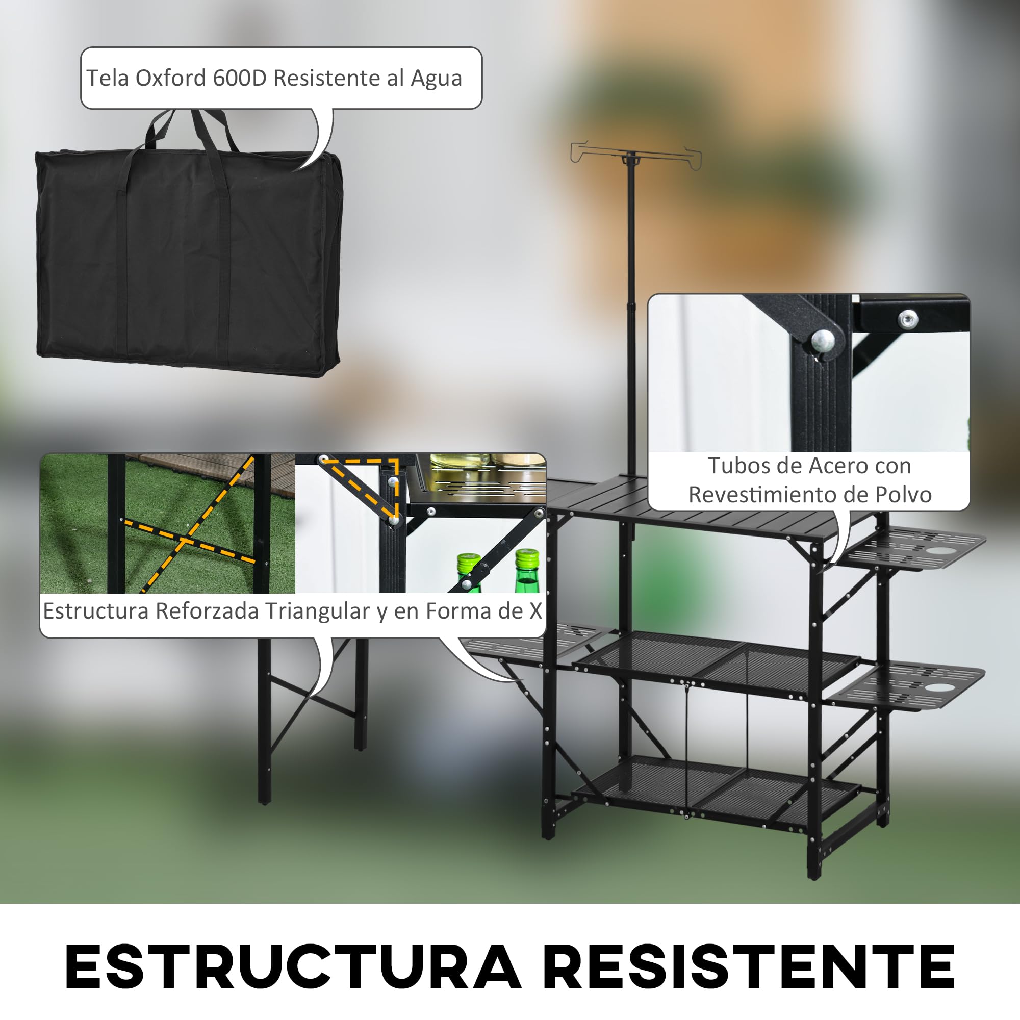 Outsunny Mesa de Cocina de Camping de 3 Niveles, Mesa de Camping Plegable Portátil con Fregadero, Estantes de Almacenaje, Soporte para Lámpara, Bolsa de Transporte para Exterior 173x52x80-174 cm Negro