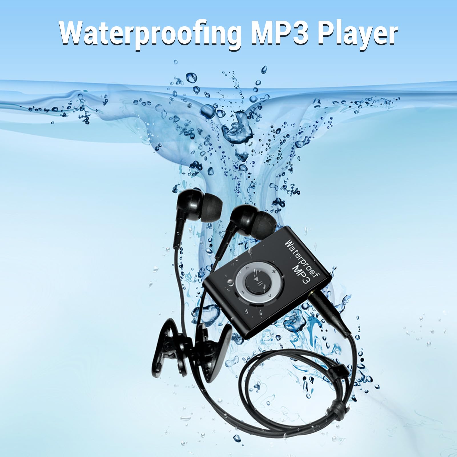 Bewinner Reproductor de MP3 8GB Impermeable IPX8 para Natación, Correr y Deportes Acuáticos con Clip Multifuncional y Auriculares Incluidos (Negro)