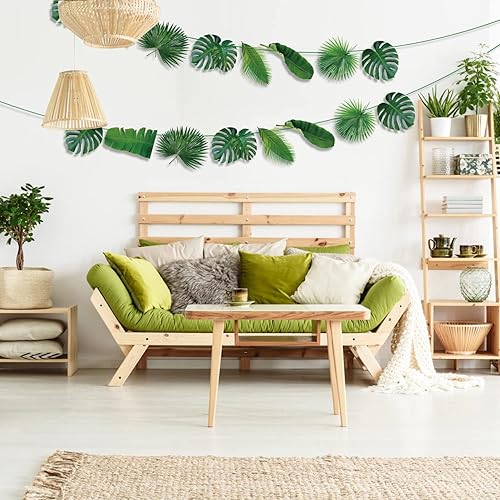 Miniatura 6 de Decoraciones de fiesta tropical 3 pancartas de hojas tropicales, guirnalda de hojas de palma artificiales verdes, decoraciones de fiesta de selva,