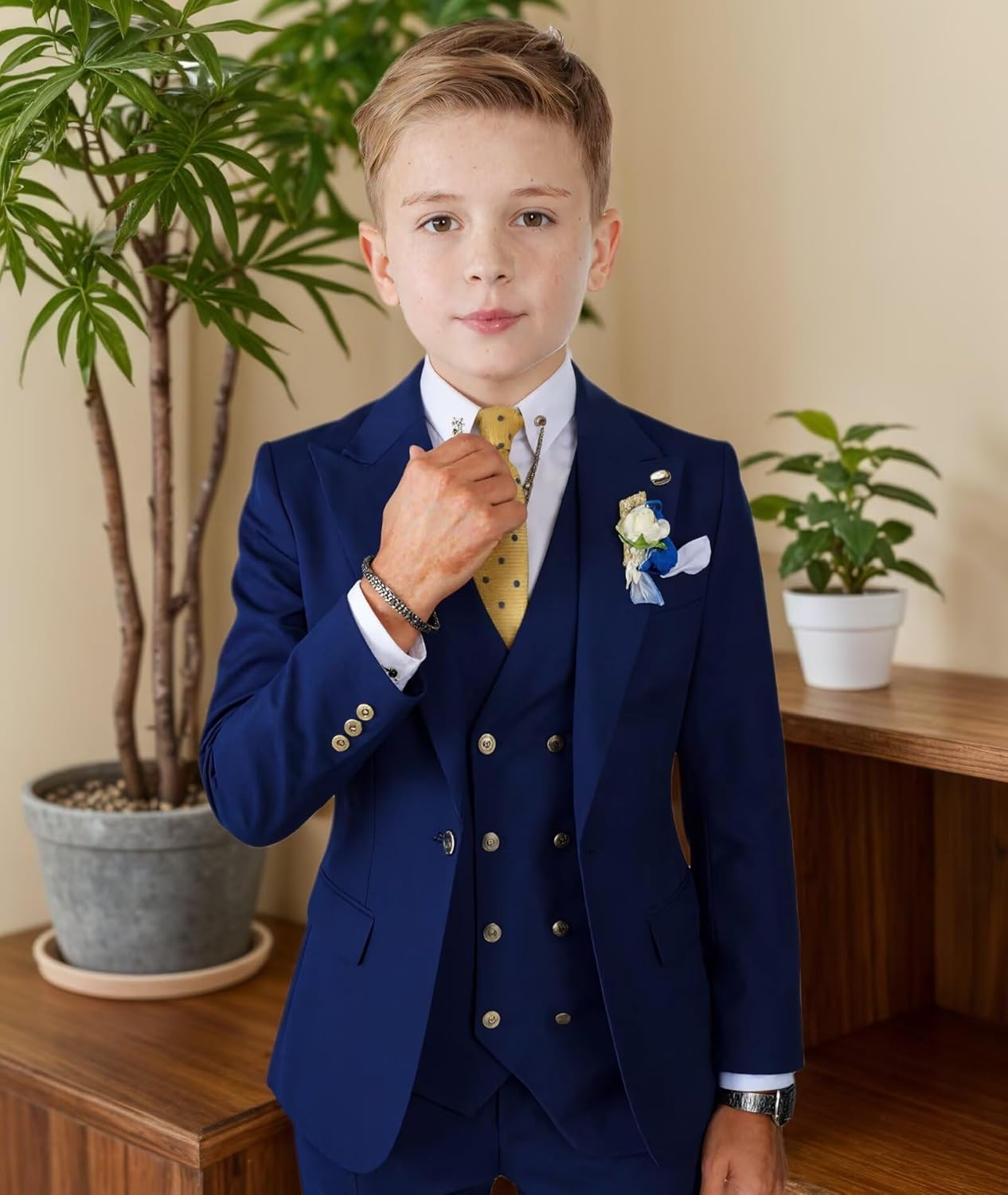 Boys Suit Formal Tuxedo Suits for Boy Toddler Ring Bearer Outfit 4 PCS Peak Lapels Blazer Vest Pants Tie Set for Prom