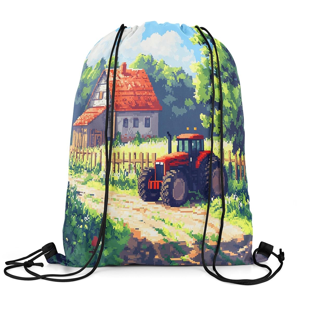 Castle Fairy Red Farm Tractors Drawstring Backpack 13"X16" Rustic Farmhouse Water Resistant Beach Bag Pixelated Style Gaming String Bag for Gym Shopping Sport Yoga