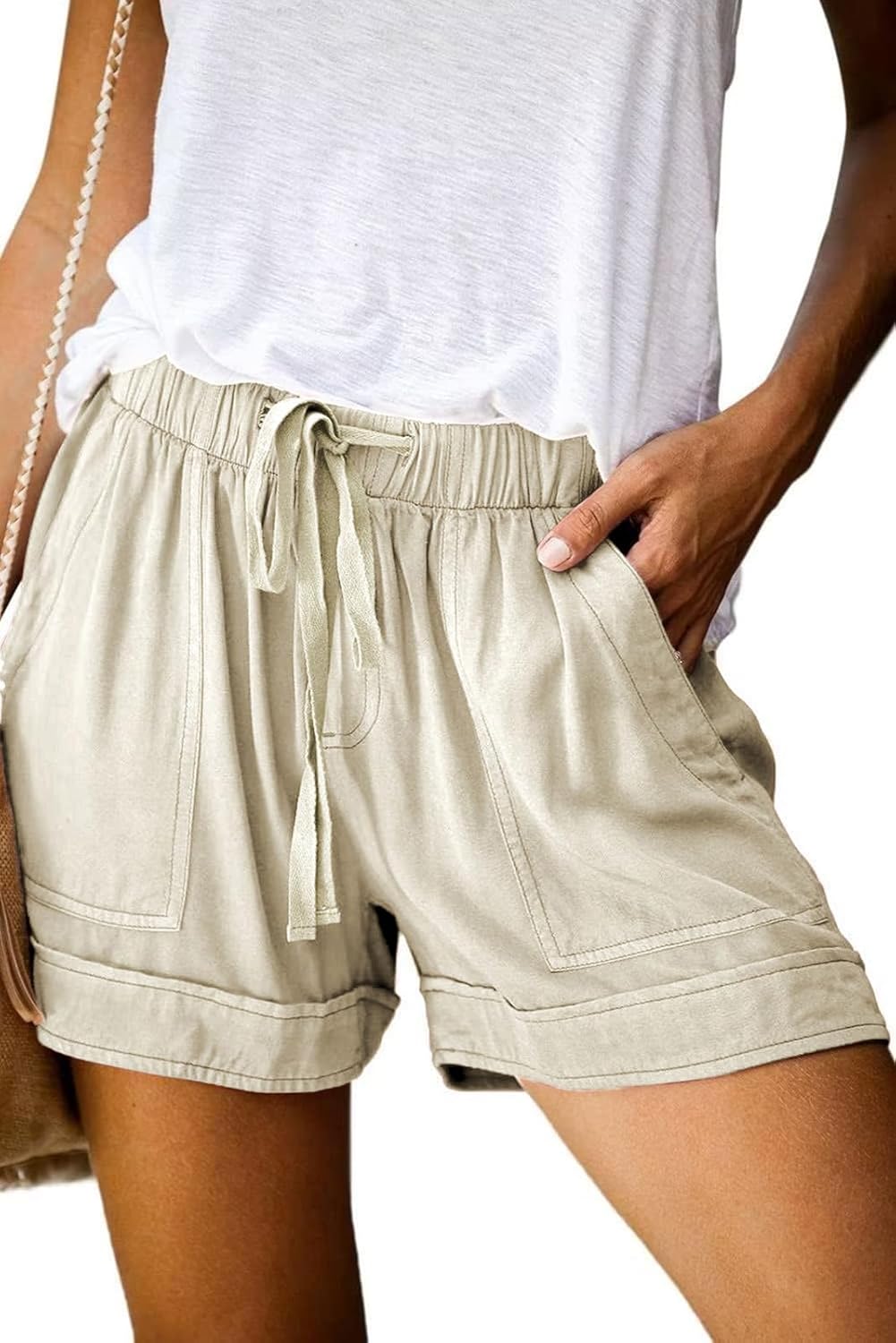 Basoteeuo Womens Shorts Summer Comfy Cotton Elastic Waist Drawstring Casual Shorts with Pockets