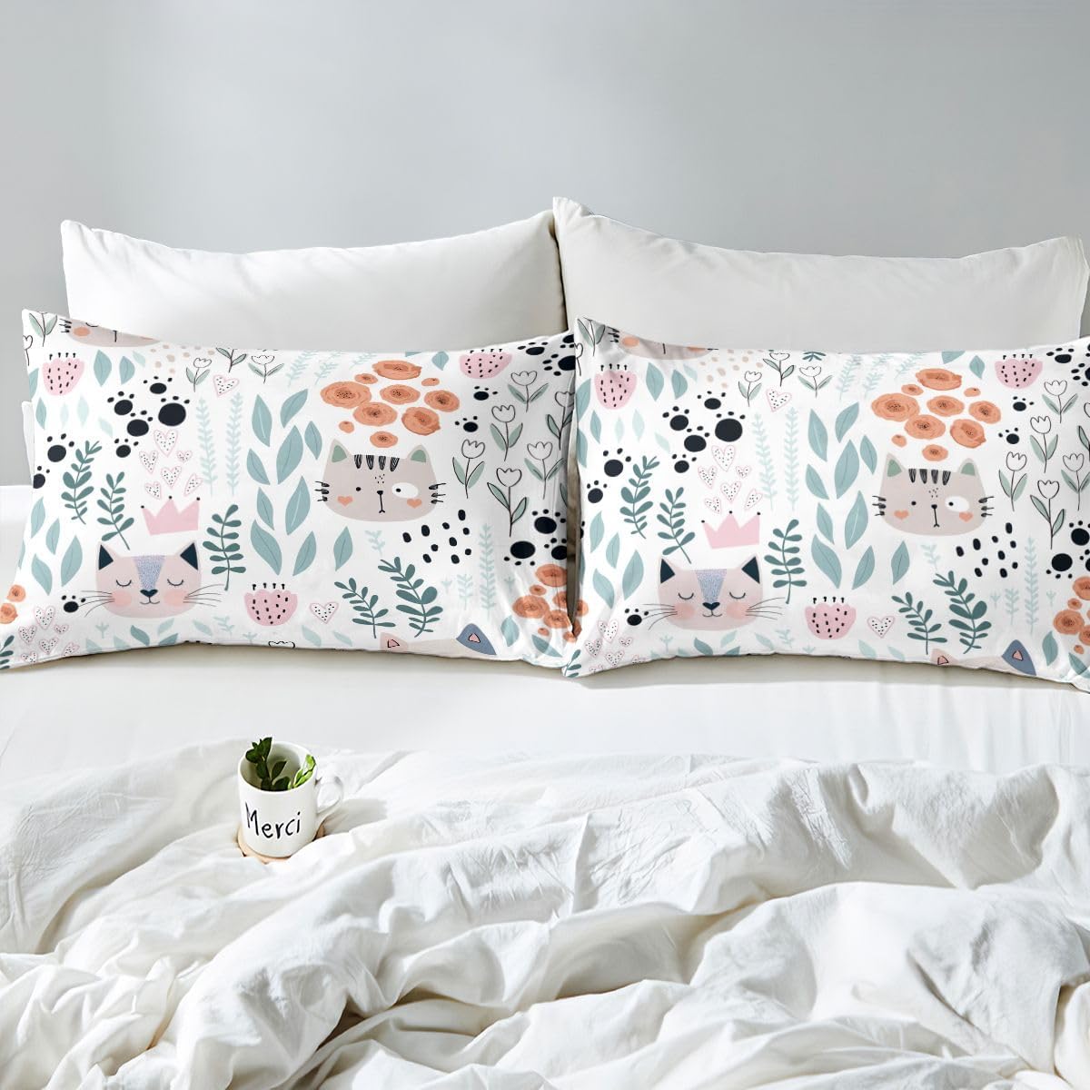 Erosebridal Kids Cat Full Bedding Set,Cute Floral Cats Duvet Cover for Girls Kawaii Room Decor,Cartoon Animal Paw Print Bed Set,Green Leaves Flower Quilt Cover with 2 Pillowcases (No Comforter)