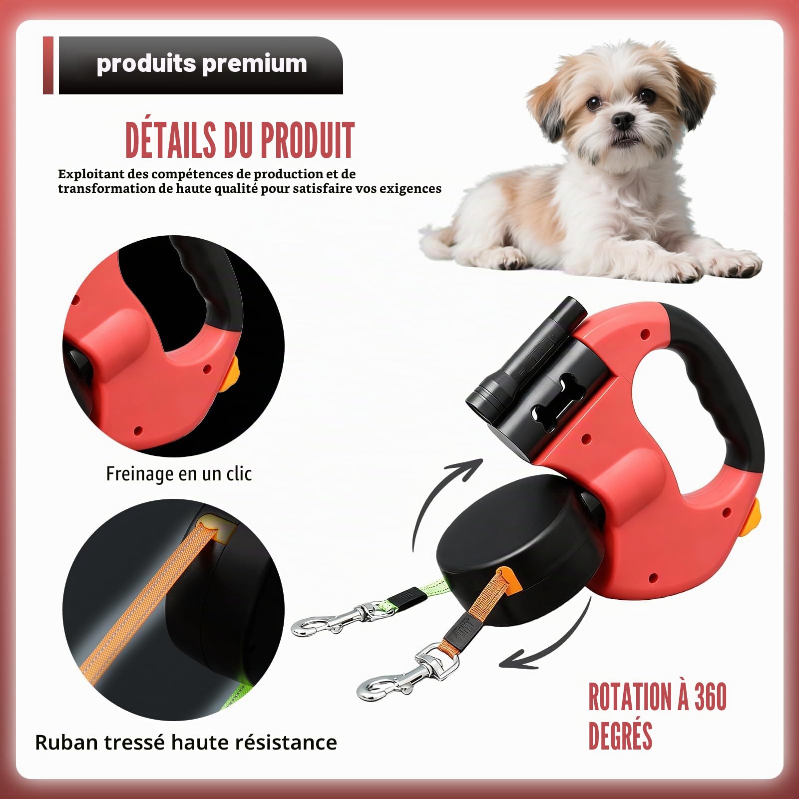 BAIFULAI Laisse rétractable pour 2 chiens, 3 m, double laisse pour 2 chiens, avec lumière, poignée antidérapante, extensible, pour chiens de petite et moyenne taille, rouge
