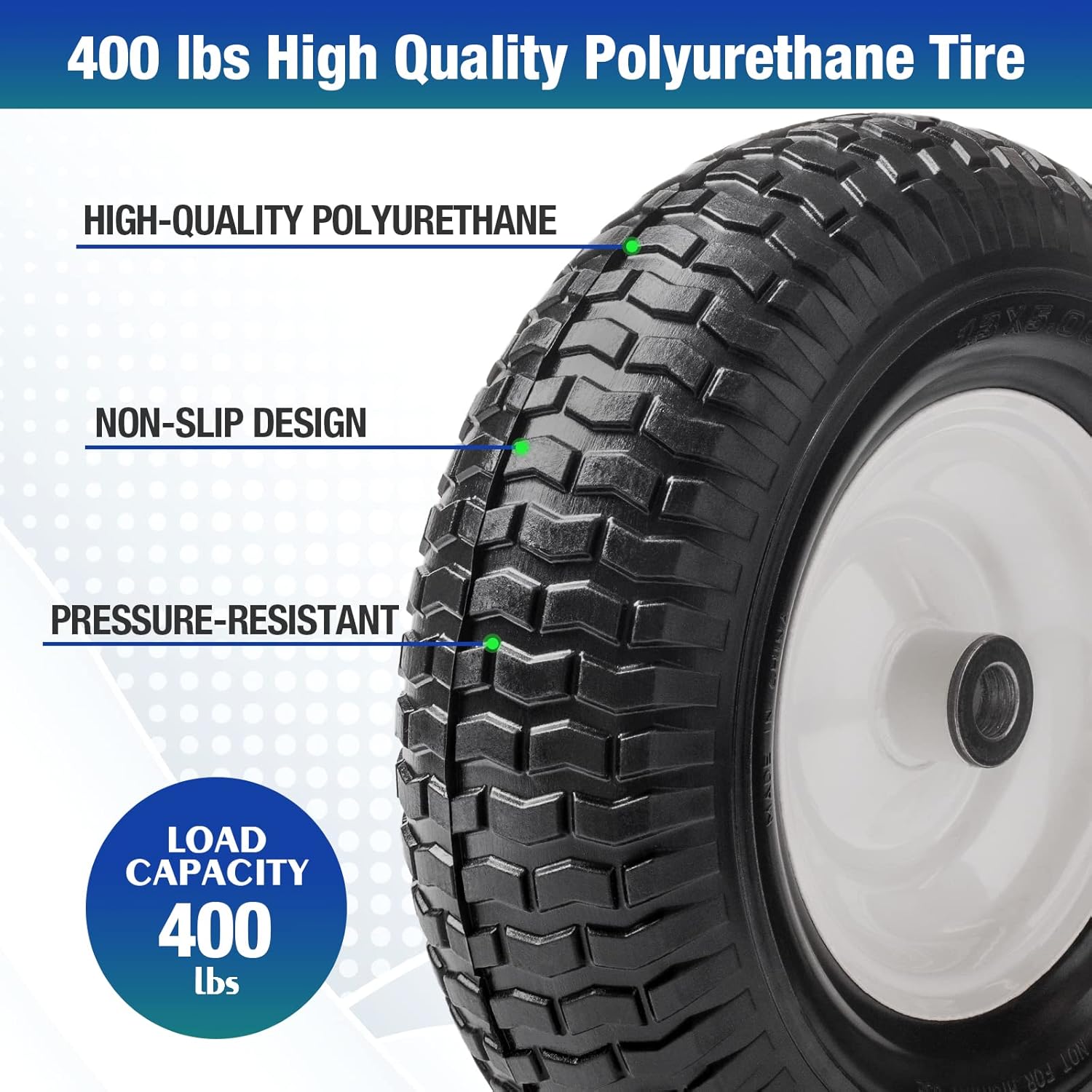 13" 5.00-6 Flat Free Solid Polyurethane Tire and Wheel Replacement, 1 Pack PU Airless Tire with 3/4" Bearing 3" Centered Hub for Wheelbarrow/Golf Car/Turf Equipment/Utility Vehicles, 1 Pc