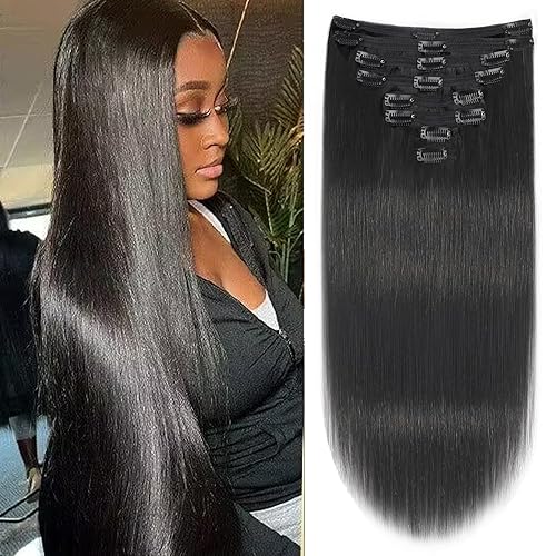 Miniatura 1 de Mihugass Extensiones de cabello humano real con pinzas, 24 pulgadas, color negro, extensiones de cabello humano Remy con clip, 8 piezas con 18
