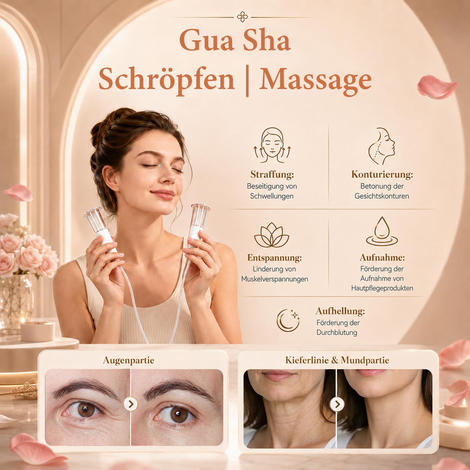 3-in-1 Schröpfgerät Gesicht Elektrisches mit 6 Schröpfgläsern, Gua Sha Vakuum Cupping Gesichtsmassagegerät, 4 Modi 12 Saugstufen, Sicherheitstaste, strafft Gesichtskonturen fördert die Serumabsorption