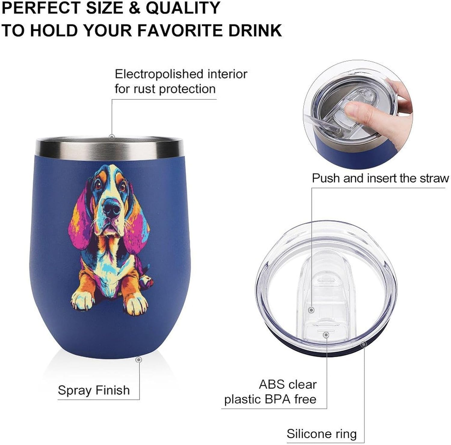 Sitting Basset Hound Dog Colorful Insulated Drinking Cup Stainless Steel Coffee Mug Wine Tumbler with Lid 12OZ