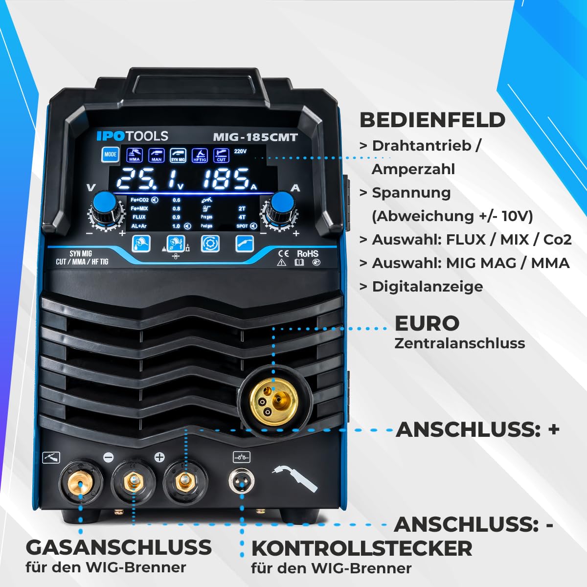 IPOTOOLS Kombischweißgerät MIG-185CMT 7-in-1 WIG MIG MAG Schweißgerät mit Plasmaschneider 45 A Synergic Inverter Schweissgerät mit 185 A mit FLUX | MMA | 230V | 7 Jahre Garantie