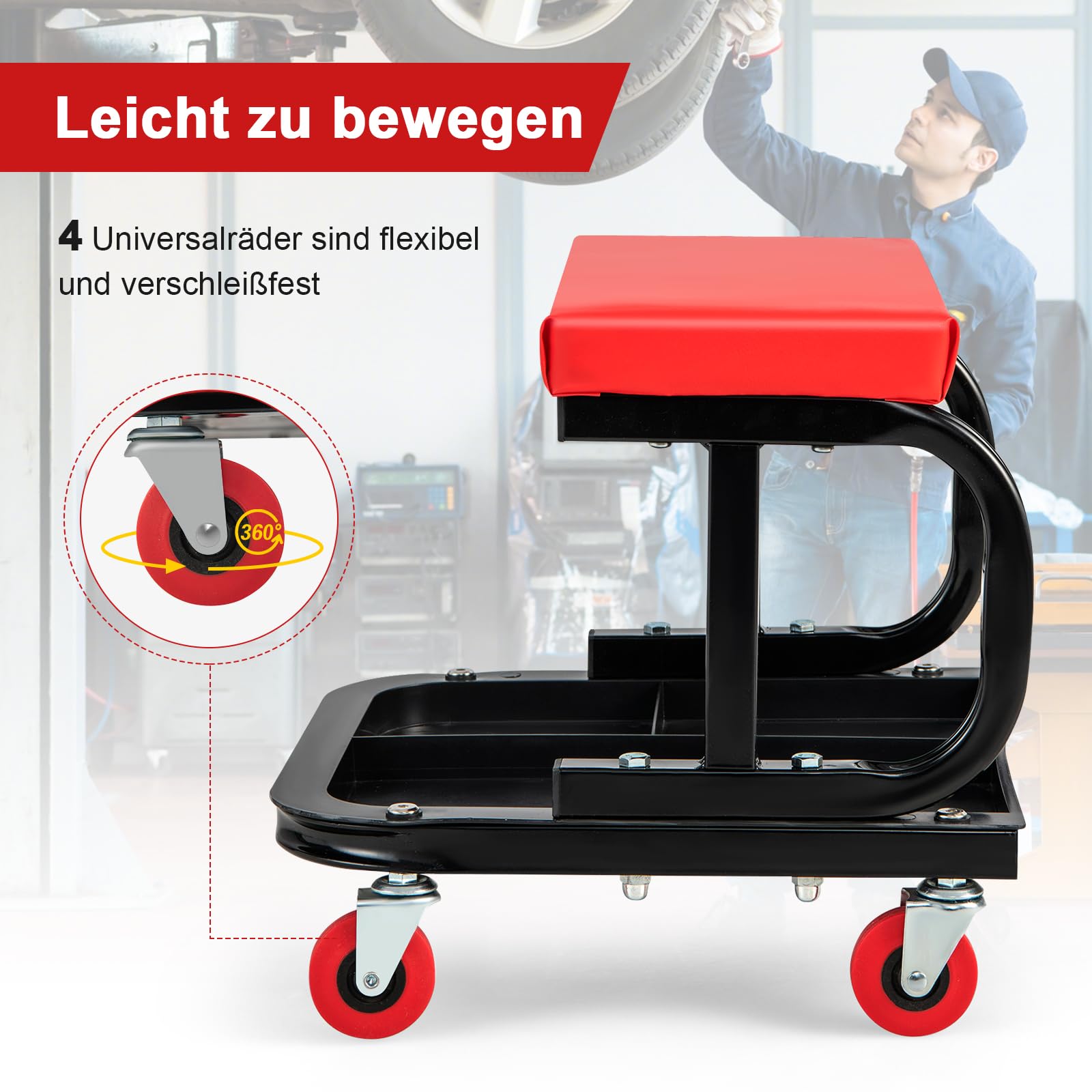GOPLUS Werkplaatsrolkruk – 150 Kg Draagkracht, Met Gereedschapsplank En 4 Zwenkwielen – Rode/zwarte Zitting Voor Garage En Werkplaats