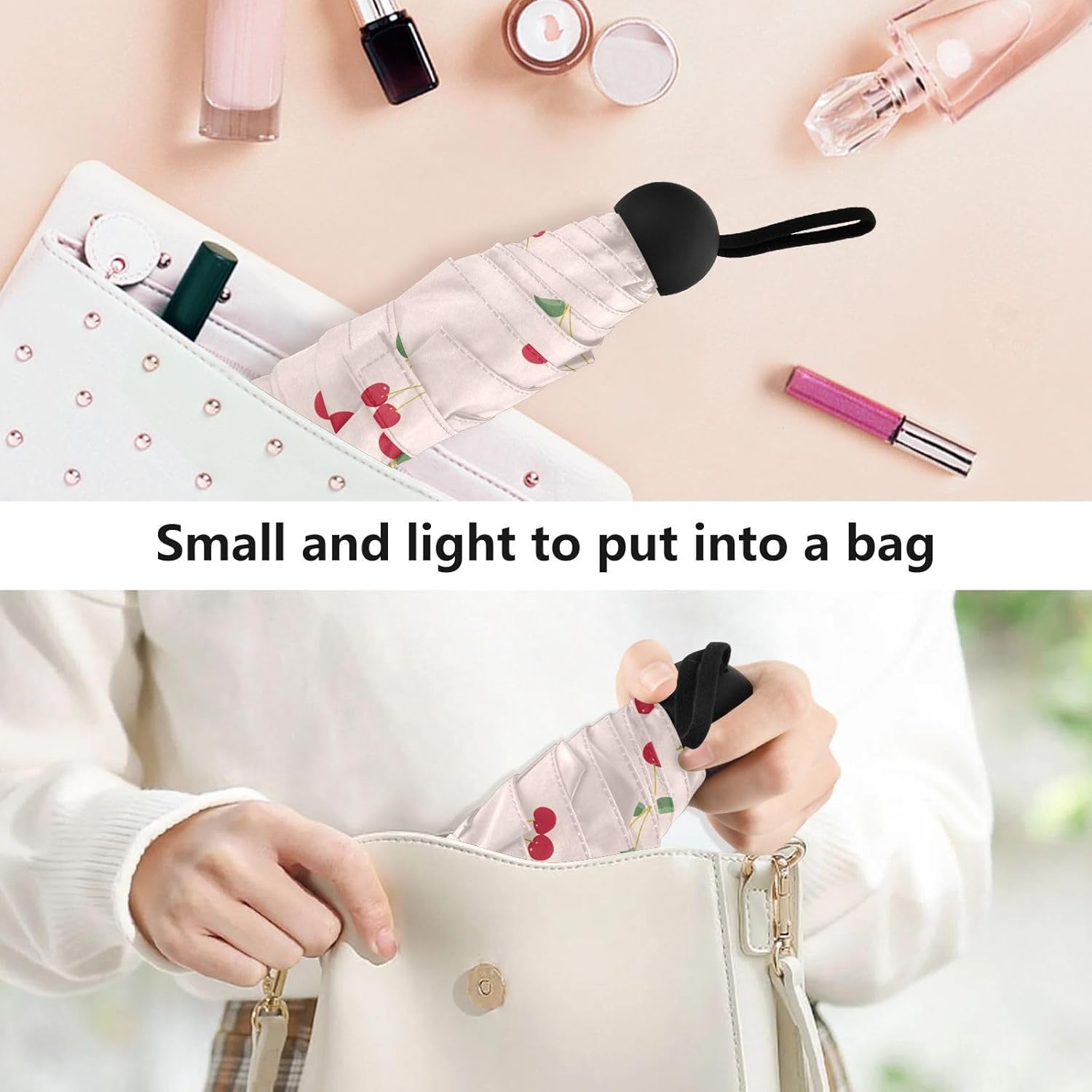 JIPONI Mini Travel Umbrellas for Rain Cherry Little, Small Umbrella Compact Waterproof Anti-UV Protection Lightweight Portable