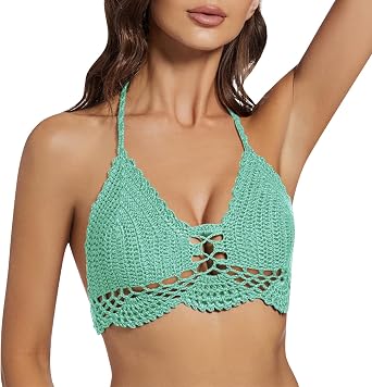 Crochet Halter Tops for Women Backless Camisole Knit Bra Tops Bralette Summer Beachwear