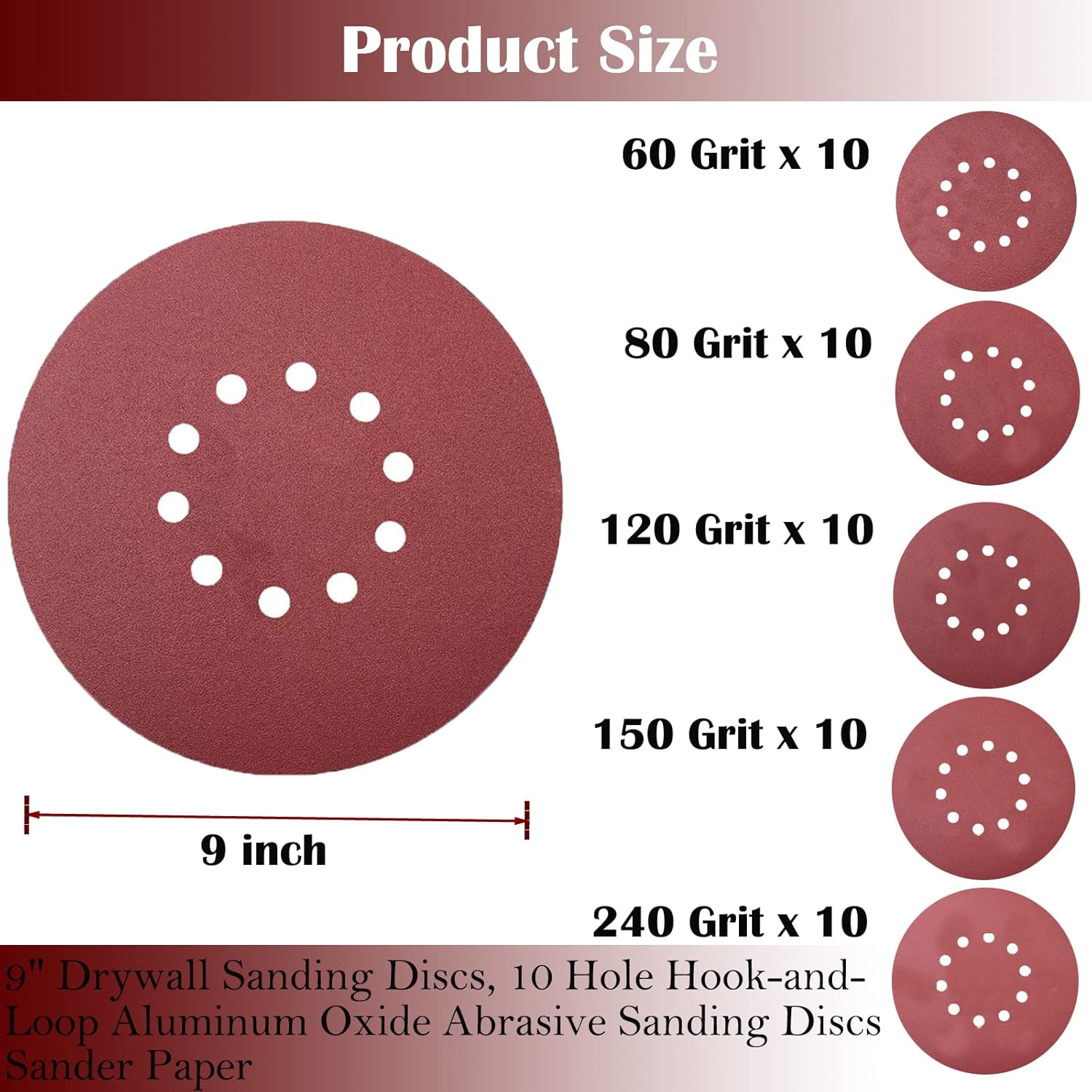 50 PCS 9-Inch 10-Hole Hook-and-Loop Sanding Discs for Drywall Sander -10 Pack Each of 60 80 120 150 240 Grits Sander Paper