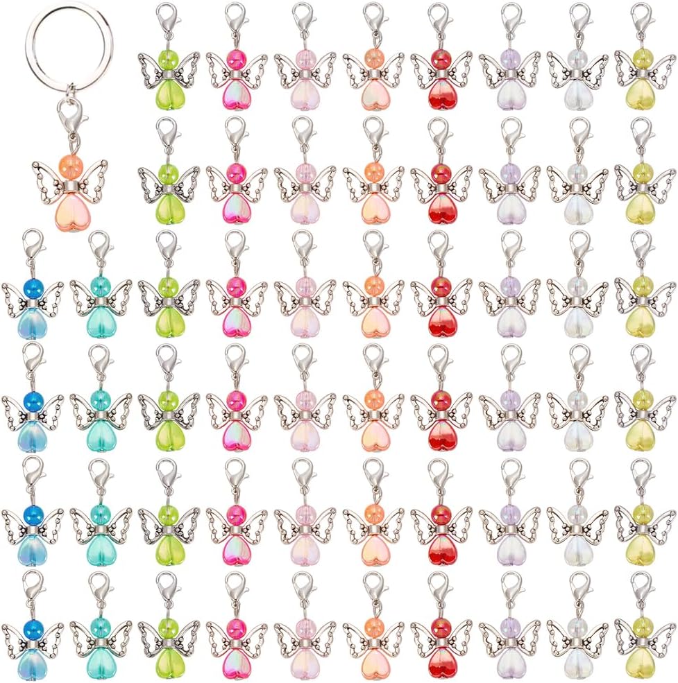 WADORN 60Pcs 10 Colors Angel Wing Charm, Colorful Acrylic Angel Beads Pendants Guardian Fairy Heart Beads Decoration Charms with Alloy Claw Clasps for DIY Bracelet Earring Jewelry Making Crafts
