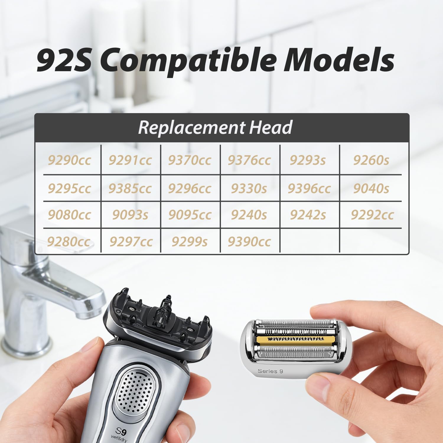 92S Ersatzrasierköpfe Kompatibel mit Braun elektrische Rasiermesser der Serie 9 - Kompatibel mit Braun Series 9 9290cc, 9291cc, 9370cc, 9293s, 9385cc, 9330s, 9296cc und mehr, Silber, Packung von 1
