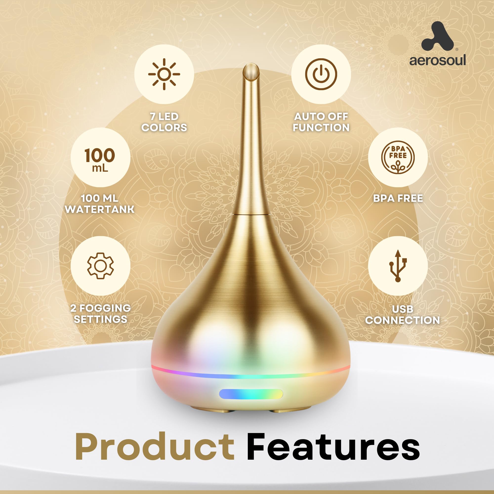 aerosoul® Diffusore Aromi 100 ml per Oli Essenziali LED 6 h Oro