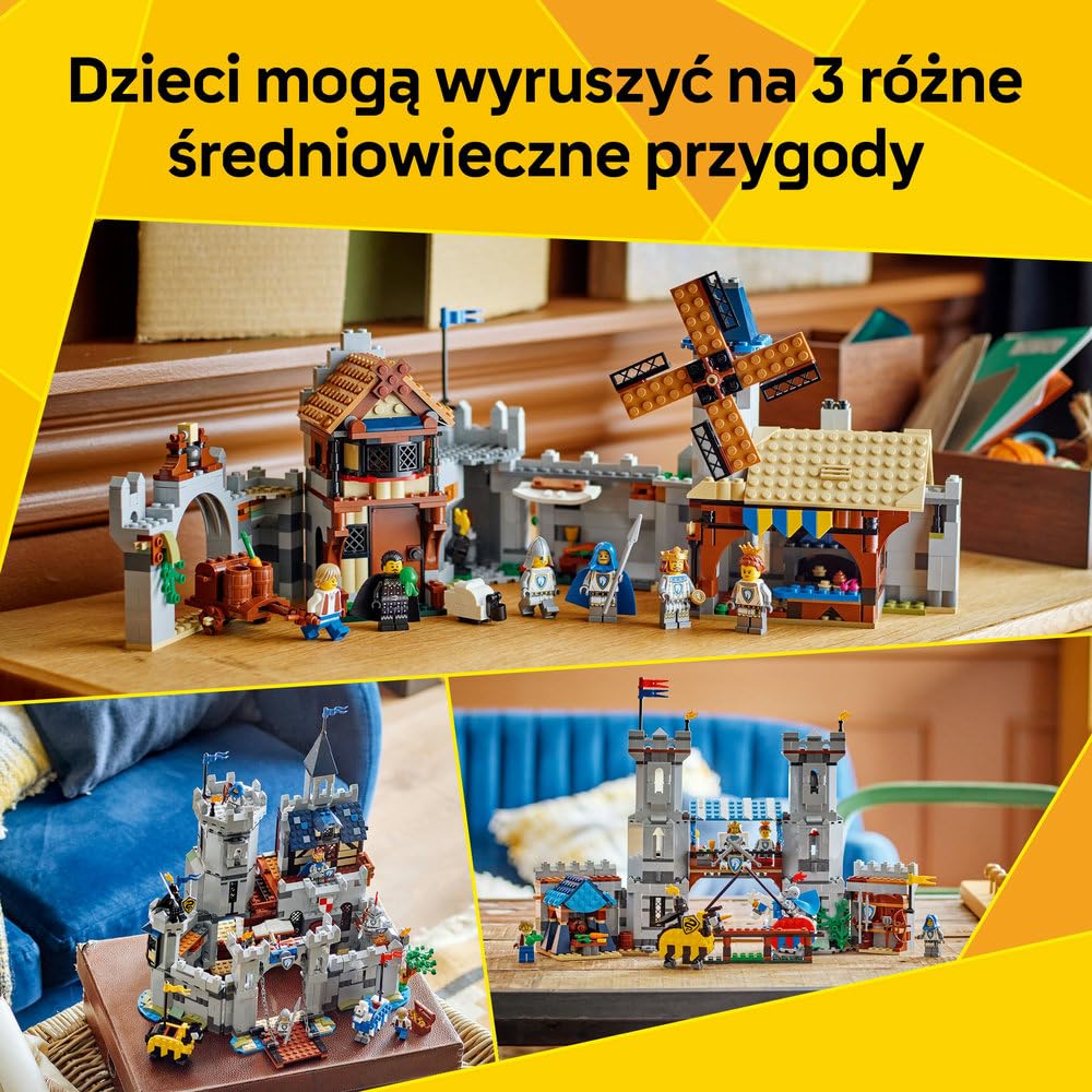 LEGO Creator 3 w 1 Średniowieczny zamek rycerzy konnych 31168 | Zestaw klocków konstrukcyjnych, model zamku do przebudowy na turniej lub miasteczko, prezent dla dzieci 9+, 1371 elementów
