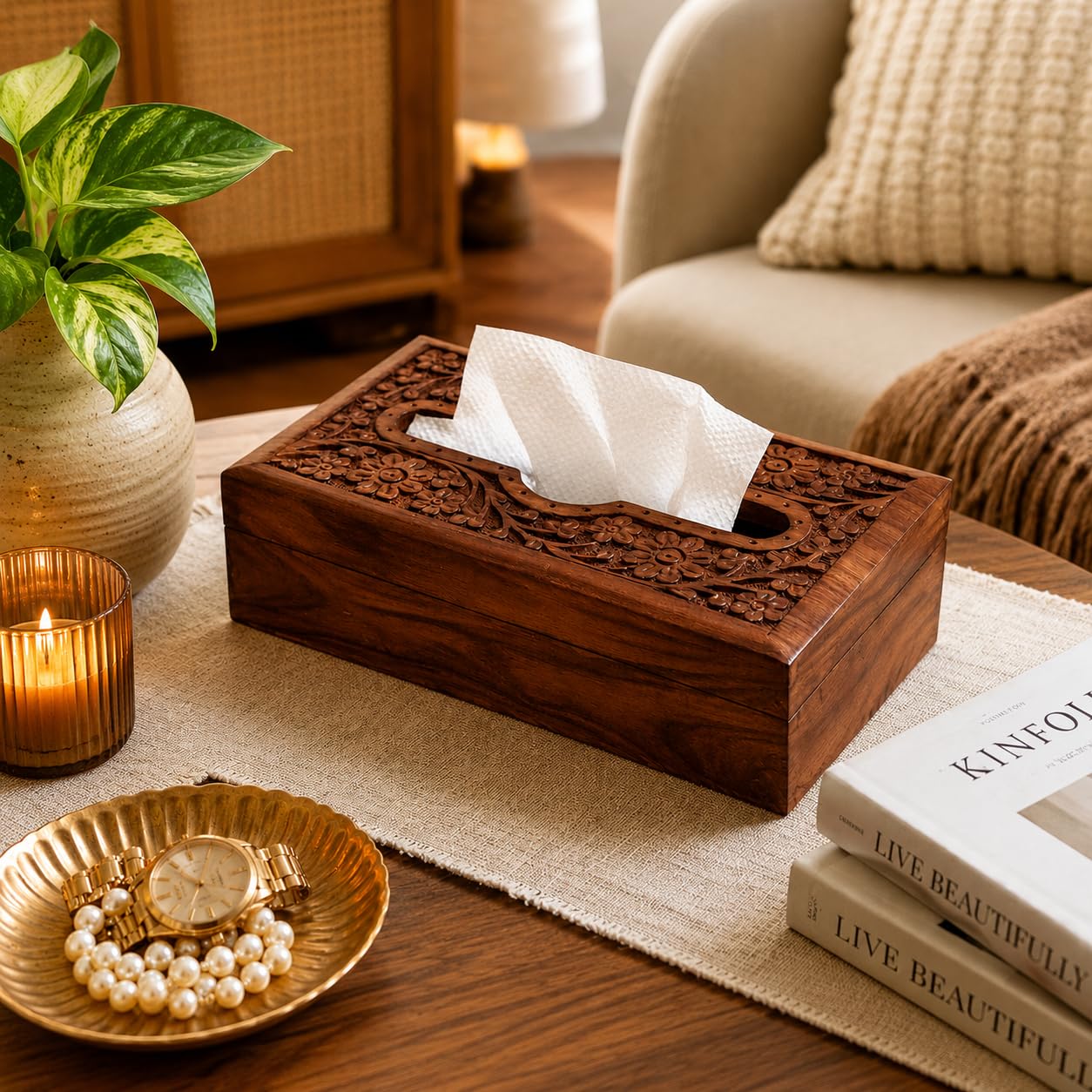 Pure Source India Handmade Wooden Tissue Napkin Holder Box, Decorative Wood Intricate Carvings Facial Napkins Holder Box for Dining Table, Kitchen, Home-image-23