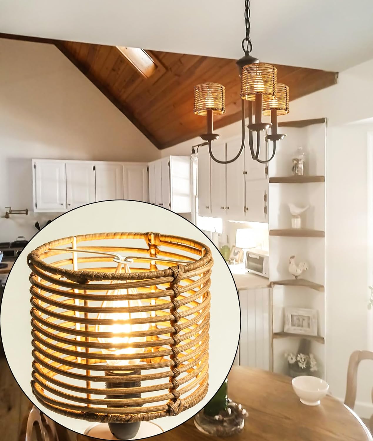 Round Chandeliers Lamp Shades Set of 6, Small Rattan Lampshades, Mini Cylinder Woven Lamps covers, Little Lampshades Replacement, Clip on Lamps Shades for Floor Lamp Wall Sconces (Modern Retro)